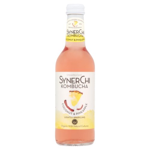 <b>Features</b><br/>Unpasteurised<br/>Lightly Sparkling<br/>Organic with natural cultures<br/>Only 53kcal per bottle<br/>Naturally free from gluten, dairy and soy<br/>100% natural ingredients<br/>Traditionally, fermented, slow aged with a S.C.O.B.Y<br/><br/><b>Lifestyle</b><br/>Gluten free<br/>Organic<br/><br/><b>Pack Size</b><br/>330ml ℮<br/><br/><br/><b>Ingredients</b><br/>Kombucha* (Water (Filtered), Golden Cane Sugar*, Sencha Green Tea*, Kombucha Cultures*)<br/>Coconut Pineapple Tisane* (0.6%) (Apple Pieces*, Coconut Chips*, Black Chokeberries*, Hibiscus*, Pineapple Chips*, Fennel*, Rosehip Peels*, Natural Flavour, Amaranth*, Cornflour Petals*)<br/>*Certified Organic<br/><br/><b>Storage Type</b><br/>Chilled<br/><br/><b>Storage and Usage Statements</b><br/>Keep Refrigerated<br/><br/><b>Storage</b><br/>Keep refrigerated. Reseal, refrigerate and consume within 4 days.<br/><br/><b>Preparation and Usage</b><br/>Any sediment is naturally occurring, upend gently if desired.<br/><br/><b>Company Name</b><br/>SynerChi Kombucha<br/><br/><b>Company Address</b><br/>Gweedore,<br/>
Co. Donegal,<br/>
Ireland.<br/><br/><b>Durability after Opening</b><br/>Consume Within - Days - 4<br/><br/><b>Telephone Helpline</b><br/>+353 74 956 0378<br/><br/><b>Web Address</b><br/>www.synerchikombucha.ie<br/><br/><b>Return To</b><br/>SynerChi Kombucha,<br/>
Gweedore,<br/>
Co. Donegal,<br/>
Ireland.<br/>
T +353 74 956 0378<br/>
W www.synerchikombucha.ie<br/>