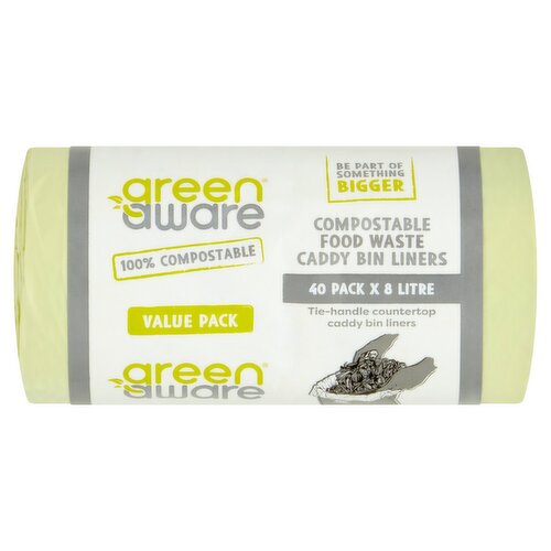 <b>Further Description</b><br/>Learn more at GetGreenAware.com<br/><br/><b>Features</b><br/>Tie-handle countertop caddy bin liners<br/>Value Pack<br/>Made from Plant-Based Ingredients<br/><br/><b>Recycling Info</b><br/>Sleeve - Paper - Widely Recycled<br/><br/><b>Number of Units</b><br/>40<br/><br/><b>Safety Warning</b><br/>Warning: To avoid danger of suffocation keep these bags away from babies and children.<br/><br/><b>Storage Type</b><br/>Ambient<br/><br/><b>Company Name</b><br/>GreenAware<br/><br/><b>Company Address</b><br/>Platin Road,<br/>
Drogheda,<br/>
Co. Meath,<br/>
Ireland.<br/><br/><b>Return To</b><br/>GreenAware,<br/>
Platin Road,<br/>
Drogheda,<br/>
Co. Meath,<br/>
Ireland.<br/><br/>