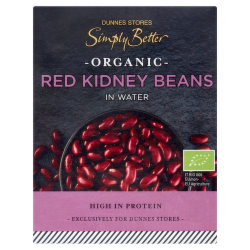 Organic red kidney beans in water<br/><br/><b>Nutritional Claims</b><br/>High in Protein<br/><br/><b>Features</b><br/>Organic<br/>High in Protein<br/>Free from Artificial Colours, Flavours and Preservatives<br/>Suitable for Vegetarians<br/><br/><b>Lifestyle</b><br/>Organic<br/>Suitable for Vegetarians<br/><br/><b>Pack Size</b><br/>390g ℮<br/><br/><b>Usage Other Text</b><br/>Number of servings per pack: 2 approx<br/><br/><b>Usage Count</b><br/>Number of uses - Servings - 2<br/><br/><br/><b>Ingredients</b><br/>Organic Red Kidney Beans*<br/>Water<br/>* Certified Organic<br/><br/><b>Storage Type</b><br/>Ambient<br/><br/><b>Storage and Usage Statements</b><br/>Cannot be Microwaved<br/><br/><b>Storage</b><br/>- Store in a cool, dry place.<br/>
- Refrigerate after opening and consume within 3 days.<br/>
- For 'best before' date, see top of pack.<br/><br/><b>Cooking Guidelines</b><br/>Hob - From Ambient - This product can be eaten hot or cold. To heat.<br/>
Empty contents into a saucepan and heat gently. Drain and serve<br/>
Caution<br/>
Not suitable for microwave cooking.<br/><br/>Packed In - Italy<br/><br/><b>Origin</b><br/>Packed in Italy using EU and non-EU kidney beans<br/><br/><b>Company Name</b><br/>Dunnes Stores<br/><br/><b>Company Address</b><br/>46-50 South Great George's Street,<br/>
Dublin 2.<br/>
<br/>
Store 3,<br/>
Forestside S.C.,<br/>
Upr. Galwally Rd.,<br/>
Belfast,<br/>
BT8 6FX.<br/><br/><b>Durability after Opening</b><br/>Consume Within - Days - 3<br/><br/><b>Return To</b><br/>Dunnes Stores<br/>
Our Quality Guarantee<br/>
Dunnes Stores is a brand of quality and better value since 1944. If you try and are not entirely satisfied with this Dunnes Stores product, please return the item with the original packaging and receipt to the store and we will be happy to replace or refund it for you.<br/>
This does not affect your statutory rights.<br/>
Dunnes Stores,<br/>
46-50 South Great George's Street,<br/>
Dublin 2.<br/>
<br/>
Dunnes Stores,<br/>
Store 3,<br/>
Forestside S.C.,<br/>
Upr. Galwally Rd.,<br/>
Belfast,<br/>
BT8 6FX.<br/>