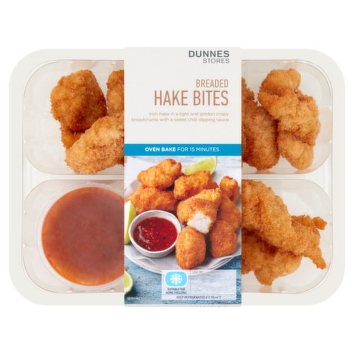 Diced Hake in Breadcrumb with a Sweet Chilli Dipping Sauce<br/><br/><b>Features</b><br/>Irish hake in a light and golden crispy breadcrumb with a sweet chilli dipping sauce<br/>Oven bake for 15 Minutes<br/>Responsibly Sourced<br/><br/><b>Pack Size</b><br/>300g ℮<br/><br/><b>Recycling Info</b><br/>Film - Plastic - Not Currently Recycled<br/>Sleeve - Card - Widely Recycled<br/>Tray - Plastic - Widely Recycled<br/><br/><br/><b>Ingredients</b><br/>Hake (<span style='font-weight: bold;'>Fish</span>) (50%)<br/>Breadcrumb (12%) [<span style='font-weight: bold;'>Wheat</span> Flour, Salt, Dextrose, Calcium Carbonates, Iron, Niacin (B3), Thiamin (B1), Nicotinamide]<br/>Batter [<span style='font-weight: bold;'>Wheat</span> Flour, Calcium Carbonates, Niacin (B3), Iron, Thiamin (B1), <span style='font-weight: bold;'>Wheat</span> Starch, Salt, Rapeseed Oil, Turmeric Extract]<br/>Rapeseed Oil<br/><span style='font-weight: bold;'>Wheat</span> Flour [<span style='font-weight: bold;'>Wheat</span> Flour, Sodium Bicarbonate, Disodium Diphosphate]<br/>Sweet Chilli Sauce (17%) (Water, Fructose, Concentrated Pineapple Juice, Spirit Vinegar, Garlic Powder, Maize Starch, Lemongrass, Salt, Kaffir Lime Leaves, <span style='font-weight: bold;'>Soya Beans</span>, Red Bell Peppers, Chillies, Thickener: Xanthan Gum; Colour: Paprika Extract; Natural Flavouring)<br/><br/><b>Allergy Advice</b><br/>For allergens, including Cereals containing Gluten, see ingredients in bold.<br/><br/><br/><b>Allergy Text</b><br/>May also contain Crustaceans, Mollusc and Sulphites.<br/><br/><br/><b>Safety Warning</b><br/>CAUTION<br/>
This product is raw and must be cooked. Whilst every effort has been made to remove all bones, some may remain. FOOD SAFETY TIP: Wash all surfaces, utensils and hands after contact with raw seafood. Keep all raw and cooked products separate.<br/><br/><b>Storage Type</b><br/>Chilled<br/><br/><b>Storage and Usage Statements</b><br/>Suitable for Home Freezing<br/>Keep Refrigerated<br/><br/><b>Storage</b><br/>Keep refrigerated 0°C to +4°C.<br/>
Consume within 24 hours of opening and by 'use by' date. For 'use by' date, see front of pack. Suitable for home freezing. If freezing, freeze on the day of purchase and consume within 1 month. Defrost thoroughly in refrigerator before cooking and use within 24 hours. Once thawed do not refreeze.<br/><br/><b>Storage Conditions</b><br/>Min Temp °C 0<br/>Max Temp °C 4<br/><br/><b>Cooking Guidelines</b><br/>Oven cook - From Chilled - Cooking times will vary with appliances, the following are guidelines only. Remove all packaging and sweet chilli dipping sauce.<br/>
200°C, Fan 180°C, Gas 6, 15 mins.<br/>
Preheat oven. Place hake bites on a baking tray on the middle shelf of the oven and cook for time indicated.<br/>
Ensure product is piping hot throughout. Do not reheat.<br/><br/>Country of Origin - Ireland<br/>Packed In - Ireland<br/><br/><b>Origin</b><br/>Hake (Merluccius merluccius) caught in the north-east Atlantic (FAO 27) or southeast Atlantic (FAO 47)<br/>Hake (Merluccius merluccius) caught by trawls<br/>Produced and packed in Ireland<br/><br/><b>Company Name</b><br/>Dunnes Stores<br/><br/><b>Company Address</b><br/>46-50 South Great George's Street,<br/>
Dublin 2.<br/>
<br/>
Store 3,<br/>
Forestside S.C.,<br/>
Upr. Galwally Rd.,<br/>
Belfast,<br/>
BT8 6FX.<br/><br/><b>Durability after Opening</b><br/>Consume Within - Hours - 24<br/><br/><b>Return To</b><br/>Dunnes Stores,<br/>
46-50 South Great George's Street,<br/>
Dublin 2.<br/>
<br/>
Dunnes Stores<br/>
Store 3,<br/>
Forestside S.C.,<br/>
Upr. Galwally Rd.,<br/>
Belfast,<br/>
BT8 6FX.<br/>
