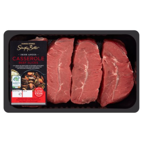 Slow Cook Fresh Irish Angus Sliced Stewing Beef<br/><br/><b>Further Description</b><br/>DNA traceback®<br/>
Right back to the animals.<br/><br/><b>Features</b><br/>Best for Low & Slow Cooking<br/><br/><b>Recycling Info</b><br/>Film - Plastic - Not Currently Recycled<br/><br/><b>Safety Warning</b><br/>CAUTION<br/>
Whilst every effort has been made to remove all bones, some may remain.<br/><br/><b>Storage Type</b><br/>Chilled<br/><br/><b>Storage and Usage Statements</b><br/>Suitable for Home Freezing<br/>Keep Refrigerated<br/><br/><b>Storage</b><br/>Keep refrigerated 0°C to +4°C.<br/>
Consume within 24 hours of opening and by 'use by' date. For 'use by' date and weight, see front of pack. Suitable for home freezing. If freezing, freeze on the day of purchase and consume within 1 month. Defrost thoroughly in refrigerator before cooking and use within 24 hours. Once thawed do not refreeze.<br/><br/><b>Storage Conditions</b><br/>Min Temp °C 0<br/>Max Temp °C 4<br/><br/><b>Cooking Guidelines</b><br/>Oven cook - From Chilled - Cooking times will vary with appliances, the following are guidelines only. Remove all packaging. Drizzle with a little oil and season with salt and freshly ground black pepper.<br/>
170°C, Fan 150°C, Gas 3, 1 1/2-2 hours.<br/>
Preheat oven. Pan fry the meat in a hot pan for 2 minutes to seal in the flavour and juices. Transfer the meat to a casserole dish, add some root vegetables and enough stock to cover the meat. Cover with a lid, place on the middle shelf of the oven and slowly cook for time indicated or until the meat is tender and can be broken up with a fork or spoon.<br/>
Ensure product is piping hot throughout. Do not reheat.<br/><br/>Country of Origin - Ireland<br/>Place of Slaughter - Ireland<br/>Place of Cutting - Ireland<br/><br/><b>Company Name</b><br/>Dunnes Stores<br/><br/><b>Company Address</b><br/>46-50 South Great George's Street,<br/>
Dublin 2.<br/>
<br/>
Store 3,<br/>
Forestside S.C.,<br/>
Upr. Galwally Rd.,<br/>
Belfast,<br/>
BT8 6FX.<br/><br/><b>Durability after Opening</b><br/>Consume Within - Hours - 24<br/><br/><b>Return To</b><br/>Dunnes Stores,<br/>
46-50 South Great George's Street,<br/>
Dublin 2.<br/>
<br/>
Dunnes Stores,<br/>
Store 3,<br/>
Forestside S.C.,<br/>
Upr. Galwally Rd.,<br/>
Belfast,<br/>
BT8 6FX.<br/>
