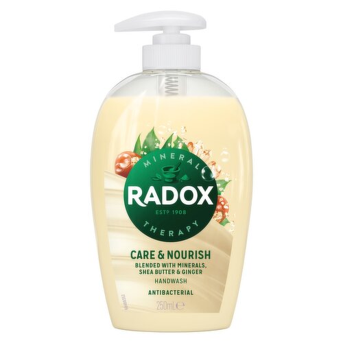 <b>Features</b><br/>Our replenishing antibacterial handwash is infused with shea butter and ginger scents<br/>Our handwash is pH skin neutral and suitable for all skin types<br/><br/><b>Pack Size</b><br/>250mL ℮<br/><br/><b>Recycling Info</b><br/>Bottle - Recyclable<br/>Pump - Not Recyclable<br/><br/><br/><b>Ingredients</b><br/>Aqua<br/>Sodium Laureth Sulfate<br/>Cocamidopropyl Betaine<br/>Sodium Chloride<br/>Parfum*<br/>Sodium Benzoate<br/>Lactic Acid<br/>Citric Acid<br/>Glycol Distearate<br/>Sodium Lactate<br/>Laureth-4<br/>Trisodium Ethylenediamine Disuccinate<br/>Butyrospermum Parkii Butter<br/>Sine Adipe Lac<br/>Zingiber Officinale Root Extract<br/>Polyquaternium-7<br/>Hexyl Cinnamal<br/>Linalool<br/>CI 17200<br/>CI 19140<br/>*including Radox's secret blend of 13 herbs<br/><br/><b>Safety Warning</b><br/>CAUTION: If you get some handwash in your eyes, please rinse well with clean water.<br/><br/><b>Storage Type</b><br/>Ambient<br/><br/>Country of Origin - Poland<br/><br/><b>Origin</b><br/>Made in Poland<br/><br/><b>Company Name</b><br/>Unilever Dept ER<br/><br/><b>Company Address</b><br/>Wirral,<br/>
CH63 3JW,<br/>
UK.<br/><br/><b>Durability after Opening</b><br/>Months - 12<br/><br/><b>Telephone Helpline</b><br/>UK: 0800 591 650<br/>IE: 1850 40 40 60<br/><br/><b>Web Address</b><br/>www.radox.co.uk<br/>www.unilever.com<br/><br/><b>Return To</b><br/>www.radox.co.uk<br/>
UK Call free: 0800 591 650<br/>
IE Phone Callsave: 1850 40 40 60<br/>
Unilever Dept ER,<br/>
Wirral,<br/>
CH63 3JW,<br/>
UK.<br/>
www.unilever.com<br/><br/>