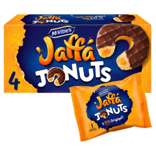 4 Light Sponge Doughnut Shaped Rings with Orange Flavoured Filling, Covered in Dark Crackly Chocolate<br/><br/><b>Further Description</b><br/>www.123healthybalance.com<br/><br/><b>Features</b><br/>4 Individually Wrapped Jonuts<br/>Have your Jonut and Eat It<br/>Congratulations, You're Winning at Snack Time<br/>Suitable for Vegetarians<br/><br/><b>Lifestyle</b><br/>Suitable for Vegetarians<br/><br/><b>Usage Other Text</b><br/>Typical number of rings per pack: 4<br/><br/><b>Usage Count</b><br/>Number of uses - Servings - 4<br/><br/><b>Recycling Info</b><br/>Carton - Recycle<br/><br/><br/><b>Ingredients</b><br/>Orange Flavoured Filling (21%) (Sugar, Water, Glucose Syrup, Dextrose, Invert Sugar Syrup, Concentrated Orange Juice, Stabiliser (Pectin), Acidity Regulators (Citric Acid, Sodium Citrates), Natural Orange Flavouring, Preservative (Potassium Sorbate))<br/><span style='font-weight: bold;'>Wheat</span> Flour<br/>Dark Chocolate (14%) (Sugar, Cocoa Mass, Vegetable Fats (Palm, Shea), Butter Oil (<span style='font-weight: bold;'>Milk</span>), Cocoa Butter, Emulsifiers (<span style='font-weight: bold;'>Soya</span> Lecithin, E476), Natural Flavouring)<br/>Water<br/>Sugar<br/>Vegetable Oil (Sunflower)<br/>Humectants (Glycerine, Sorbitol)<br/>Glucose Syrup<br/>Whole <span style='font-weight: bold;'>Egg</span><br/>Starch<br/>Dried Whey (<span style='font-weight: bold;'>Milk</span>)<br/>Emulsifiers (E481, E477, E471, E475)<br/>Raising Agents (Disodium Diphosphate, Sodium Bicarbonate)<br/>Salt<br/>Natural Orange Flavouring<br/>Invert Sugar Syrup<br/>Preservatives (Sorbic Acid, Potassium Sorbate)<br/>Product contains the equivalent of 10% Orange Juice<br/><br/><b>Allergy Advice</b><br/>For allergens, including Cereals containing Gluten, see ingredients in <span style='font-weight: bold;'>bold</span>.<br/><br/><br/><b>Allergy Text</b><br/>May also contain Nuts, Sesame Seeds.<br/><br/><br/><b>Number of Units</b><br/>4<br/><br/><b>Storage Type</b><br/>Ambient<br/><br/><b>Storage</b><br/>For Best Before See Back of Pack.<br/>
Store in a Cool, Dry Place.<br/><br/><b>Company Name</b><br/>McVitie's / UB Snackfoods Ireland Ltd.<br/><br/><b>Company Address</b><br/>Freepost McVitie's.<br/>
<br/>
UB Snackfoods Ireland Ltd.,<br/>
33 - 36 Northwood Court,<br/>
Freepost FDN5292,<br/>
Dublin 9,<br/>
Ireland.<br/><br/><b>Telephone Helpline</b><br/>UK 0800 456 1372<br/>ROI 1800 409317<br/><br/><b>Web Address</b><br/>www.unitedbiscuits.com<br/><br/><b>Return To</b><br/>Quality Guarantee: Please contact us on our Careline if you have any feedback on our products, or write to the Consumer Services Team, enclosing your pack, complete with the Best Before panel and contents. This does not affect your statutory rights.<br/>
Tel: Freephone (Mon - Fri 9am - 5pm) UK 0800 456 1372, Republic of Ireland 1800 409317<br/>
Mail:<br/>
(UK): Freepost McVitie's.<br/>
<br/>
(Outside UK): Consumer Services,<br/>
UB Snackfoods Ireland Ltd.,<br/>
33 - 36 Northwood Court,<br/>
Freepost FDN5292,<br/>
Dublin 9,<br/>
Ireland.<br/>
Email via: www.unitedbiscuits.com<br/>