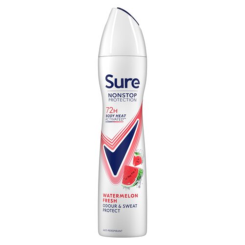 <b>Features</b><br/>Sure Uplifting & Fresh Nonstop Protection Anti-perspirant Deodorant Aerosol is the first anti-perspirant that protects from sweat and odour non-stop for 72h<br/>This anti-perspirant deodorant spray features 2x more powerful protection* plus our unique MotionSense technology – the more you move, the more it protects<br/>Sure anti-perspirant deodorant for women, from the UK’s No.1 anti-perspirant brand, has a nature-inspired watermelon and cactus water fragrance that activates as you move to brighten up your day<br/>Get all-day freshness and 72h non-stop protection from sweat and odour with this alcohol-free** anti-perspirant deodorant that is gentle enough for everyday use<br/>The anti-perspirant deodorant can is made with infinitely recyclable aluminium assembled in a factory using 100% renewable grid electricity – let's move together for a more sustainable future<br/>Sure Uplifting & Fresh Nonstop Protection Anti-perspirant Deodorant Aerosol allows you to always be protected and feel confident whatever happens. Sure, it won't let you down<br/><br/><b>Pack Size</b><br/>250millilitre ℮<br/><br/><br/><b>Ingredients</b><br/>Butane, Isobutane, Propane, PPG-14 Butyl Ether, Aluminum Sesquichlorohydrate, Cyclopentasiloxane, Parfum, Glycine, Helianthus Annuus Seed Oil, C12-15 Alkyl Benzoate, Disteardimonium Hectorite, Calcium Chloride, Octyldodecanol, BHT, Propylene Carbonate, Dimethiconol, Sodium Starch Octenylsuccinate, Maltodextrin, Alpha-Isomethyl Ionone, Benzyl Alcohol, Benzyl Salicylate, Citronellol, Geraniol, Hexyl Cinnamal, Limonene<br/><br/><b>Safety Warning</b><br/>Deo Aerosol AP DIRECTIONS: Shake well, hold can 15cm from the underarm and spray. CAUTION: Do not use on broken skin. Stop use if rash or irritation occurs. Avoid direct inhalation. Use in short bursts in well-ventilated places, avoid prolonged spraying. Do not spray near eyes. Use only as directed. DANGER: Extremely Flammable Aerosol. Pressurised container: May burst if heated. Keep away from heat, hot surfaces, sparks, open flames and other ignition sources. No smoking. Do not spray on an open flame or other ignition source. Do not pierce or burn, even after use. Protect from sunlight. Do not expose to temperatures exceeding 50°C. Keep out of reach of children. .<br/><br/><b>Storage Type</b><br/>Ambient<br/><br/>Country of Origin - United Kingdom<br/><br/><b>Origin</b><br/>United Kingdom<br/><br/><b>Company Name</b><br/>Unilever UK Ltd. / Unilever Ireland Ltd.<br/><br/><b>Company Address</b><br/>Unilever Dept ER,<br/>
Wirral CH63 3JW UK<br/><br/><b>Telephone Helpline</b><br/>UK: 0800 085 2639<br/>
ROI: 1850 404 060 (Callsave)<br/><br/><b>Web Address</b><br/>www.suredeodorant.co.uk<br/><br/>