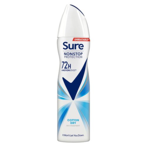 <b>Features</b><br/>Sure Cotton Dry Nonstop Protection Anti-perspirant Deodorant Aerosol 150 ml is the first anti-perspirant that protects from sweat and odour non-stop for 72h<br/>This anti-perspirant deodorant spray features 2x more powerful protection* plus our unique MotionSense technology – the more you move, the more it protects<br/>Sure deodorant for women, from the UK’s No.1 anti-perspirant brand, has a clean fragrance with light, floral notes inspired by fresh cotton sheets that activates with movement<br/>Get all-day freshness and 72h non-stop protection from sweat and odour with this dermatologically tested & alcohol-free** anti-perspirant<br/>The anti-perspirant can is made with infinitely recyclable aluminium assembled in a factory using 100% renewable grid electricity – let's move together for a more sustainable future<br/>Sure Cotton Dry Nonstop Protection Anti-perspirant Deodorant Aerosol allows you to always be protected and feel confident whatever happens. Sure, it won't let you down<br/><br/><b>Pack Size</b><br/>150millilitre ℮<br/><br/><br/><b>Ingredients</b><br/>Butane, Isobutane, Propane, PPG-14 Butyl Ether, Aluminum Sesquichlorohydrate, Cyclopentasiloxane, Glycine, Parfum, Helianthus Annuus Seed Oil, C12-15 Alkyl Benzoate, Disteardimonium Hectorite, Calcium Chloride, Octyldodecanol, BHT, Propylene Carbonate, Dimethiconol, Sodium Starch Octenylsuccinate, Maltodextrin, Alpha-Isomethyl Ionone, Benzyl Alcohol, Benzyl Salicylate, Citronellol, Geraniol, Hexyl Cinnamal, Limonene, Linalool<br/><br/><b>Safety Warning</b><br/>Deo Aerosol AP DIRECTIONS: Shake well, hold can 15cm from the underarm and spray. CAUTION: Do not use on broken skin. Stop use if rash or irritation occurs. Avoid direct inhalation. Use in short bursts in well-ventilated places, avoid prolonged spraying. Do not spray near eyes. Use only as directed. DANGER: Extremely Flammable Aerosol. Pressurised container:  May burst if heated.  Keep away from heat, hot surfaces, sparks, open flames and other ignition sources. No smoking. Do not spray on an open flame or other ignition source. Do not pierce or burn, even after use. Protect from sunlight. Do not expose to temperatures exceeding 50°C. Keep out of reach of children..<br/><br/><b>Storage Type</b><br/>Ambient<br/><br/>Country of Origin - United Kingdom<br/><br/><b>Origin</b><br/>United Kingdom<br/><br/><b>Company Name</b><br/>Unilever UK Ltd. / Unilever Ireland Ltd.<br/><br/><b>Company Address</b><br/>Unilever Dept ER,<br/>
Wirral CH63 3JW UK<br/><br/><b>Telephone Helpline</b><br/>UK: 0800 085 2639<br/>
ROI: 1850 404 060 (Callsave)<br/><br/><b>Web Address</b><br/>www.suredeodorant.co.uk<br/><br/>