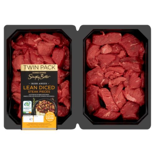 Slow Cook Fresh Irish Angus Lean Diced Beef Steak Pieces<br/><br/><b>Features</b><br/>Lean Pieces of Irish Angus Beef, Perfect for Low and Slow Cooking and Stewing<br/><br/><b>Pack Size</b><br/>0.670kg ℮<br/><br/><b>Safety Warning</b><br/>CAUTION<br/>
Whilst every effort has been made to remove all bones, some may remain.<br/><br/><b>Storage Type</b><br/>Chilled<br/><br/><b>Storage and Usage Statements</b><br/>Suitable for Home Freezing<br/>Keep Refrigerated<br/><br/><b>Storage</b><br/>Keep refrigerated 0°C to +4°C. Consume within 24 hours of opening and by 'use by' date. For 'use by' date and weight, see front of pack. Suitable for home freezing. If freezing, freeze on the day of purchase and consume within 1 month. Defrost thoroughly in refrigerator before cooking and use within 24 hours. Once thawed do not refreeze.<br/><br/><b>Storage Conditions</b><br/>Min Temp °C 0<br/>Max Temp °C 4<br/><br/><b>Cooking Guidelines</b><br/>Oven cook - From Chilled - Cooking times will vary with appliances, the following are guidelines only. Remove all packaging. Drizzle with a little oil a and season with salt and freshly ground black pepper.<br/>
170°C, Fan 150°C, Gas 3, 1 1/2-2 hours<br/>
Preheat oven. Pan fry the meat in a hot pan for 2 minutes to seal in the flavour and juices. Transfer the meat to a casserole dish, add some root vegetables and enough stock to cover the meat. Cover with a lid, place on the middle shelf of the oven and cook for time indicated or until the meat is tender and can be broken up with a fork or spoon.<br/>
Ensure Product is Piping Hot Throughout. Do Not Reheat.<br/><br/>Country of Origin - Ireland<br/><br/><b>Origin</b><br/>Produced in Co. Mayo and packed in Co. Dublin<br/><br/><b>Company Name</b><br/>Dunnes Stores<br/><br/><b>Company Address</b><br/>46-50 South Great George's Street,<br/>
Dublin 2.<br/>
<br/>
Store 3,<br/>
Forestside S.C.,<br/>
Upr. Galwally Rd.,<br/>
Belfast,<br/>
BT8 6FX.<br/><br/><b>Durability after Opening</b><br/>Consume Within - Hours - 24<br/><br/><b>Return To</b><br/>Dunnes Stores,<br/>
46-50 South Great George's Street,<br/>
Dublin 2.<br/>
<br/>
Dunnes Stores,<br/>
Store 3,<br/>
Forestside S.C.,<br/>
Upr. Galwally Rd.,<br/>
Belfast,<br/>
BT8 6FX.<br/>