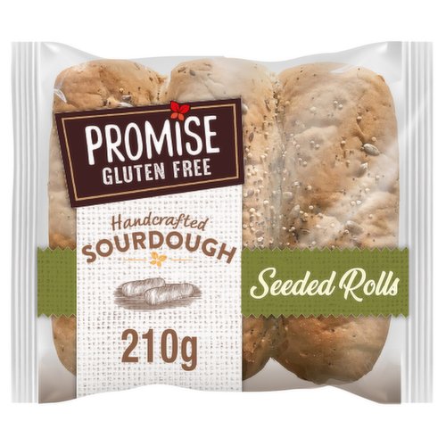Gluten Free rolls with seeds<br/><br/><b>Nutritional Claims</b><br/>High Fibre<br/>Low Saturated Fat<br/>Low Sugar<br/><br/><b>Features</b><br/>We Promise You'll Love the Taste!<br/>High fibre, low saturated fat, low sugar and delicious<br/>Suitable for vegans<br/><br/><b>Lifestyle</b><br/>Gluten free<br/>Suitable for Vegans<br/><br/><b>Pack Size</b><br/>210g ℮<br/><br/><b>Usage Other Text</b><br/>This pack contains 3 rolls<br/><br/><b>Usage Count</b><br/>Number of uses - Servings - 3<br/><br/><br/><b>Ingredients</b><br/>Water<br/>Rice Flour<br/>Modified Tapioca Starch<br/>Seeds (7%) (Golden Millet Seed, Sunflower Seed, Brown Linseed, Poppy Seed, Quinoa)<br/>Potato Starch<br/>Vegetable Oil<br/>Yeast<br/>Thickeners: Cellulose, Hydroxypropyl Methyl Cellulose, Guar Gum, Xanthan Gum<br/>Sugar<br/>Humectant: Glycerol<br/>Psyllium Husk Powder<br/>Maize Starch<br/>Pea Protein<br/>Salt<br/>Preservatives: Sodium Propionate, Sorbic Acid<br/>Wholegrain Maize Flour<br/>Caramelised Sugar<br/>Natural Flavouring<br/><br/><b>Allergy Advice</b><br/>For allergens, see ingredients in <span style='font-weight: bold;'>bold</span>.<br/><br/><br/><b>Storage Type</b><br/>Ambient<br/><br/><b>Storage and Usage Statements</b><br/>Suitable for Home Freezing<br/><br/><b>Storage</b><br/>For best before date: see front of pack. Store in a cool, dry place away from strong odours and sunlight.<br/>
Freezing Guidelines: Suitable for home freezing on the day of purchase. Use within one month. Defrost thoroughly before use. Do not refreeze once defrosted.<br/><br/><b>Company Name</b><br/>Promise Gluten Free Bakery<br/><br/><b>Company Address</b><br/>Ardara,<br/>
Co. Donegal,<br/>
Ireland.<br/><br/><b>Web Address</b><br/>www.promiseglutenfree.com<br/><br/><b>Return To</b><br/>Promise Gluten Free Bakery,<br/>
Ardara,<br/>
Co. Donegal,<br/>
Ireland.<br/>
Contact us at info@promiseglutenfree.com<br/>
www.promiseglutenfree.com<br/>