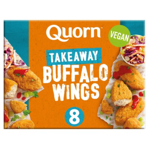 Vegan savoury flavour wings, made with mycoprotein, in a buffalo coating<br/><br/><b>Further Description</b><br/>Sustainable Nutrition<br/>
Quorn products are a source of protein because they contain Mycoprotein; a nutritious and sustainable protein source. Mycoprotein's footprint is certified by the Carbon Trust and has less impact on our planet's resources.<br/>
<br/>
To discover delicious recipes made with Quorn products and to find out more about our approach to sustainable nutrition visit www.quorn.co.uk and get social with us!<br/><br/><b>Nutritional Claims</b><br/>High in Protein<br/>High in Fibre<br/>Low in Saturated Fat<br/><br/><b>Features</b><br/>Coated in Our Signature Spicy Crunch!<br/>High in Protein and Fibre<br/>Low in Saturated Fat<br/>Suitable for vegans<br/><br/><b>Lifestyle</b><br/>Suitable for Vegans<br/><br/><b>Pack Size</b><br/>250g ℮<br/><br/><b>Usage Count</b><br/>Number of uses - Servings - 2-3<br/><br/><b>Recycling Info</b><br/>Pack - Recycle<br/><br/><br/><b>Ingredients</b><br/>Mycoprotein (59%)<br/>Water<br/><span style='font-weight: bold;'>Wheat</span> Flour (<span style='font-weight: bold;'>Wheat</span> Flour, Calcium Carbonate, Iron, Niacin, Thiamine)<br/>Natural Flavourings & Flavourings<br/>Wheat Starch<br/>Pea Fibre<br/>Rapeseed Oil<br/>Potato Protein<br/>Pea Protein<br/><span style='font-weight: bold;'>Wheat</span> Gluten<br/><span style='font-weight: bold;'>Wheat</span> Semolina<br/>Salt<br/>Raising Agents: Disodium Diphosphate, Sodium Hydrogen Carbonate<br/>Stabiliser: Carrageenan<br/>Spice Extract (Paprika, Turmeric)<br/>Smoke Paprika<br/>Black & White Pepper<br/>Dextrose<br/>Garlic Powder<br/>Caramelised Sugar Syrup<br/>Maltodextrin<br/>Yeast<br/><br/><b>Allergy Advice</b><br/>For allergens, including Cereals containing Gluten, see ingredients in <span style='font-weight: bold;'>bold</span>.<br/><br/><br/><b>Safety Warning</b><br/>There have been rare cases of allergic reactions to Quorn® products, which contain mycoprotein. Mycoprotein is made with a member of the fungi/mould family. Mycoprotein is high in protein and fibre which may cause intolerance in some people.<br/><br/><b>Storage Type</b><br/>Frozen<br/><br/><b>Storage and Usage Statements</b><br/>Keep Frozen<br/><br/><b>Storage</b><br/>Keep frozen below -18°C.<br/>
Do not refreeze once thawed.<br/>
Best Before End: See Side of Pack<br/><br/><b>Storage Conditions</b><br/>Max Temp °C -18<br/><br/><b>Cooking Guidelines</b><br/>Oven cook - From Frozen - Remove all packaging. For best result Oven cook.<br/>
16-18 Min<br/>
Preheat oven and baking tray to 220°C/Fan 200°C/Gas 7. Cook on the middle shelf.<br/>
All appliances vary, these are guidelines only. Check product is piping hot before serving.<br/><br/>Country of Origin - United Kingdom<br/><br/><b>Origin</b><br/>Made in the UK<br/><br/><b>Company Name</b><br/>Quorn Foods<br/><br/><b>Company Address</b><br/>Freepost M1927,<br/>
Station Road,<br/>
Stokesley,<br/>
TS9 7BR.<br/><br/><b>Telephone Helpline</b><br/>0345 602 9000<br/><br/><b>Return To</b><br/>We're Here to Help<br/>
If you have any questions or comments please do get in touch https://www.quorn.co.uk or call us on 0345 602 9000<br/>
Quorn Customer Services,<br/>
Quorn Foods,<br/>
Freepost M1927,<br/>
Station Road,<br/>
Stokesley,<br/>
TS9 7BR.<br/>