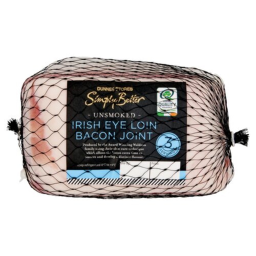 Unsmoked Hand Cut Irish Bacon Eye Loin join with Added Water<br/><br/><b>Pack Size</b><br/>600g ℮<br/><br/><b>Usage Count</b><br/>Number of uses - Servings - 3<br/><br/><br/><b>Ingredients</b><br/>Irish Pork (87%)<br/>Water<br/>Salt<br/>Preservatives: Sodium Nitrate, Sodium Nitrite<br/>Antioxidant: Sodium Erythorbate<br/><br/><b>Safety Warning</b><br/>CAUTION<br/>
This product is raw and must be cooked. Whilst every effort has been made to remove all bones, some may remain.<br/><br/><b>Storage Type</b><br/>Chilled<br/><br/><b>Storage and Usage Statements</b><br/>Suitable for Home Freezing<br/>Keep Refrigerated<br/><br/><b>Storage</b><br/>Keep Refrigerated 0ºC to +4ºC. Consume within 24 hours of opening and by 'use by' date. For 'use by' date, see front of pack. Suitable for home freezing. If freezing, freeze on the day of purchase and consume within 1 month. Defrost thoroughly in refrigerator before cooking and use within 24 hours. Once thawed do not refreeze.<br/><br/><b>Storage Conditions</b><br/>Min Temp °C 0<br/>Max Temp °C 4<br/><br/><b>Cooking Guidelines</b><br/>Cooking Instructions - General - Cooking time will vary with appliances, the following are guidelines only. Remove all outer packaging but leave the string on while cooking.<br/>
Once cooked, cover with foil and allow to rest for 15 minutes before carving. Remove string prior to carving. Ensure product is piping hot throughout. Do not reheat.<br/>Hob - From Chilled - 30 mins. per 500g<br/>
Place the bacon in a saucepan of boiling water, return to the boil and simmer for time indicated. Drain and serve.<br/>Oven cook - From Chilled - 180ºC / Fan 160ºC / Gas 5 35mins. per 500g plus 15mins. extra<br/>
Preheat oven. Place the bacon on a roasting dish and cover loosely with foil. Place on the middle shelf of the oven and cook for time indicated. Remove foil for the last 15 minutes of cooking to brown the joint,<br/><br/>Country of Origin - Ireland<br/>Packed In - Ireland<br/><br/><b>Origin</b><br/>Produced and Packed in Ireland<br/><br/><b>Company Name</b><br/>Dunnes Stores<br/><br/><b>Company Address</b><br/>46-50 South Great George's Street,<br/>
Dublin 2.<br/>
<br/>
Store 3,<br/>
Forestside S.C.,<br/>
Upr. Galwally Rd.,<br/>
Belfast,<br/>
BT8 6FX.<br/><br/><b>Durability after Opening</b><br/>Consume Within - Hours - 24<br/><br/><b>Return To</b><br/>Dunnes Stores,<br/>
46-50 South Great George's Street,<br/>
Dublin 2.<br/>
<br/>
Dunnes Stores,<br/>
Store 3,<br/>
Forestside S.C.,<br/>
Upr. Galwally Rd.,<br/>
Belfast,<br/>
BT8 6FX.<br/>