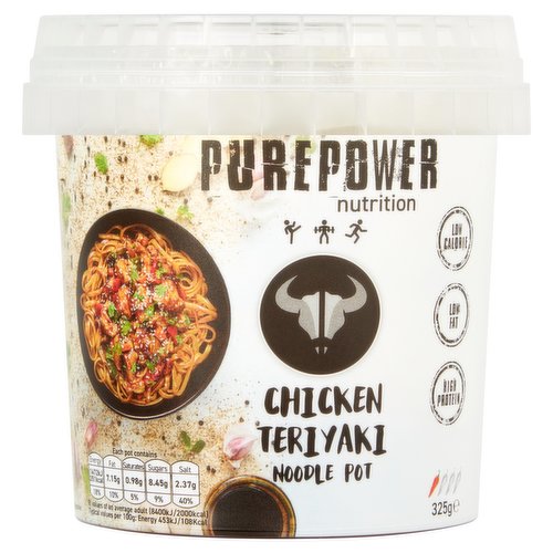 <b>Further Description</b><br/>Start Your Purepower Journey<br/>
Visit us online www.purepowernutrition.com<br/>
<br/>
Download Our App<br/>
Get It On Google Play<br/>
Download on the App Store<br/><br/><b>Nutritional Claims</b><br/>Low Calorie<br/>Low Fat<br/>High Protein<br/><br/><b>Features</b><br/>Low Calorie and Fat<br/>High Protein<br/>Chilli rating - 1<br/><br/><b>Pack Size</b><br/>325g ℮<br/><br/><b>Usage Other Text</b><br/>Each pot contians 1 serving<br/><br/><b>Usage Count</b><br/>Number of uses - Servings - 1<br/><br/><br/><b>Ingredients</b><br/>Teriyaki Noodles (58%) (Noodles (78%) (Durum <span style='font-weight: bold;'>WHEAT</span> Semolina, Water), Water, Salt, Teriyaki Sauce (21%) (Water, Soy Sauce (Water Soybeans (<span style='font-weight: bold;'>SOYA</span>), Salt, Sugar, <span style='font-weight: bold;'>WHEAT</span> Flour), Sugar Apples, Rice Wine (Water, Rice, Salt), Garlic, White Vinegar, Onions, Sesame Oil (<span style='font-weight: bold;'>SESAME SEEDS</span>), Ginger))<br/>Marinated Cooked Chicken Breast Pieces (25%) (Chicken Breast (85%), Water, Modified Maize Starch, Lactose (<span style='font-weight: bold;'>MILK</span>), Skimmed <span style='font-weight: bold;'>MILK</span> Powder, Salt, Rapeseed Oil, Garam Masala, Turmeric)<br/>Teriyaki Vegetables (17%) (Red Bell Peppers, Carrots, Onions, Beansprouts, Scallions, Rapeseed Oil)<br/><br/><b>Allergy Advice</b><br/>For allergens, including Cereals containing Gluten, see ingredients in bold.<br/><br/><br/><b>Allergy Text</b><br/>May also contain <span style='font-weight: bold;'>NUTS</span>.<br/><br/><br/><b>Safety Warning</b><br/>CAUTION:<br/>
Take care with pot, as it may become hot and flexible during cooking. Care should be taken when removing film lid as steam will escape. Although every care has been taken to remove all bones, some may remain.<br/>
Warning: Not suitable for oven cooking.<br/><br/><b>Storage Type</b><br/>Chilled<br/><br/><b>Storage and Usage Statements</b><br/>Suitable for Home Freezing<br/>Keep Refrigerated<br/><br/><b>Storage</b><br/>Keep refrigerated 0°C to +5°C at all times. Once opened, use immediately. For use by date, see side of pot. Suitable for home freezing. Freeze on day of purchase and use within 1 month. Defrost thoroughly in refrigerator before use. Use within 24 hours of defrosting. Once defrosted, do not refreeze.<br/><br/><b>Storage Conditions</b><br/>Min Temp °C 0<br/>Max Temp °C 5<br/><br/><b>Cooking Guidelines</b><br/>Microwave - From Chilled - Remove lid, pierce film in several places before cooking.<br/>
Microwave for 4 minutes (750W) / 3 minutes 30 seconds (850W) / 3 minutes (1000W). Allow to stand for 1 minute and stir well before serving.<br/>
All appliances vary, these are guidelines only. Ensure food is piping hot throughout before resting and serving. Do not reheat.<br/><br/>Country of Origin - Ireland<br/><br/><b>Origin</b><br/>Proudly produced in Ireland<br/><br/><b>Company Name</b><br/>Purepower Nutrition<br/><br/><b>Company Address</b><br/>D7 Clonara Road,<br/>
Baldonnell Business Park,<br/>
Co Dublin,<br/>
D22 KV88.<br/><br/><b>Telephone Helpline</b><br/>+353 (1) 4133758<br/><br/><b>Return To</b><br/>Purepower Nutrition,<br/>
D7 Clonara Road,<br/>
Baldonnell Business Park,<br/>
Co Dublin,<br/>
D22 KV88.<br/>
Tel: +353 (1) 4133758<br/>