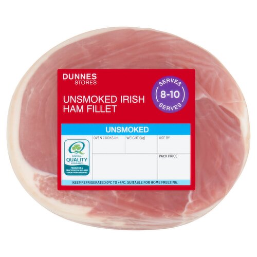 Unsmoked Irish Ham Fillet with Added Water<br/><br/><b>Features</b><br/>Made from selected Irish pork<br/><br/><b>Pack Size</b><br/>1.8kg ℮<br/><br/><b>Usage Other Text</b><br/>Serves approx. 7-9<br/><br/><b>Usage Count</b><br/>Number of uses - Servings - 7-9<br/><br/><br/><b>Ingredients</b><br/>Irish Pork Leg (87%)<br/>Water<br/>Salt<br/>Dextrose<br/>Stabilisers: Triphosphates, Polyphosphates<br/>Preservative: Sodium Nitrite<br/><br/><b>Storage Type</b><br/>Chilled<br/><br/><b>Storage and Usage Statements</b><br/>Suitable for Home Freezing<br/>Cannot be Microwaved<br/>Keep Refrigerated<br/><br/><b>Storage</b><br/>Keep refrigerated 0°C to +4°C.<br/>
- Consume within 48 hours of opening and by 'use by' date.<br/>
- For 'use by' date, see front of pack.<br/>
- Suitable for home freezing.<br/>
- If freezing, freeze on the day of purchase and consume within 1 month.<br/>
- Defrost thoroughly in refrigerator before cooking and use within 24 hours.<br/>
- Once thawed do not refreeze.<br/><br/><b>Storage Conditions</b><br/>Min Temp °C 0<br/>Max Temp °C 4<br/><br/><b>Cooking Guidelines</b><br/>Cooking Instructions - General - Raw meat products may contain bacteria that could potentially cause illness if mishandled or cooked incorrectly. Keep raw and cooked products separate. Cooking times will vary with appliances, the following are guidelines only.<br/>
Not suitable for microwave cooking.<br/>
Remove all outer packaging but leave the casing on if boiling.<br/>
Allow the ham to rest for 10 minutes. Remove casing prior to carving. Always check the product is piping hot throughout before serving. Do not reheat once cooked.<br/>Hob - From Chilled - Medium Heat 25 mins. per 500g<br/>
- Place ham in a saucepan of boiling water, return to the boil and simmer for time indicated.<br/>
- Drain and serve.<br/>Oven cook - From Chilled - 190°C/375°F/Gas Mark 5 Fan Assisted Oven 170°C 30 mins. per 500g plus 30 mins. extra<br/>
- Preheat oven to required temperature shown above.<br/>
- Place ham in an oven proof dish, cover with tin foil, place on the middle shelf of the oven and cook for time indicated.<br/>
- Remove the tin foil for last 30 minutes of cooking.<br/><br/>Country of Origin - Northern Ireland<br/><br/><b>Origin</b><br/>Produced and Packed in Co. Tyrone, Northern Ireland<br/><br/><b>Company Name</b><br/>Dunnes Stores<br/><br/><b>Company Address</b><br/>46-50 South Great George's Street,<br/>
Dublin 2.<br/>
<br/>
Store 3,<br/>
Forestside S.C.,<br/>
Upr. Galwally Rd.,<br/>
Belfast,<br/>
BT8 6FX.<br/><br/><b>Durability after Opening</b><br/>Consume Within - Hours - 48<br/><br/><b>Return To</b><br/>Dunnes Stores,<br/>
46-50 South Great George's Street,<br/>
Dublin 2.<br/>
<br/>
Dunnes Stores,<br/>
Store 3,<br/>
Forestside S.C.,<br/>
Upr. Galwally Rd.,<br/>
Belfast,<br/>
BT8 6FX.<br/>