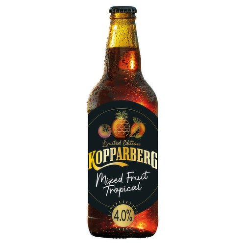 Premium Cider<br/><br/><b>Features</b><br/>Apple Cider with a Taste of Tropical Fruit<br/><br/><b>Pack Size</b><br/>500ml ℮<br/><br/><b>General Alcohol Data</b><br/>Alcohol By Volume - 4<br/>Serving Suggestion - Kopparberg Mixed Fruit Tropical is best enjoyed chilled over mountains of ice.<br/>Tasting Notes - Bursting with the tangy flavours of pineapple, mango and passionfruit, Mixed Fruit Tropical is an exotic twist on the classic apple-based Kopparberg favourite. Best enjoyed on a balmy summer evening with friends.<br/>Units - 2<br/><br/><b>Storage Type</b><br/>Ambient<br/><br/><b>Storage</b><br/>Best Before, See Front Label<br/><br/><b>Preparation and Usage</b><br/>Serve Chilled<br/><br/><b>Safety Statements</b><br/>Pregnancy Warning<br/><br/><b>Company Name</b><br/>Kopparbergs Bryggeri<br/><br/><b>Company Address</b><br/>714 82 Kopparberg,<br/>
Sweden.<br/><br/><b>Telephone Helpline</b><br/>+46 (0)580 886 02<br/><br/><b>Return To</b><br/>Kopparbergs Bryggeri,<br/>
714 82 Kopparberg,<br/>
Sweden.<br/>
Consumer Contact: +46 (0)580 886 02<br/><br/>