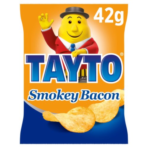 Smokey Bacon Flavour Potato Crisps<br/><br/><b>Features</b><br/>Cooked in 100% sunflower oil<br/>The original Irish crisp<br/>No added MSG<br/>No artificial colours<br/>Suitable for vegetarians<br/><br/><b>Lifestyle</b><br/>Suitable for Vegetarians<br/><br/><b>Pack Size</b><br/>42g ℮<br/><br/><b>Usage Other Text</b><br/>42g pack = 1 serving<br/><br/><b>Usage Count</b><br/>Number of uses - Servings - 1<br/><br/><br/><b>Ingredients</b><br/>Potato<br/>Sunflower Oil<br/>Smokey Bacon Flavour (Dextrose, Salt, <span style='font-weight: bold;'>WHEAT</span> Flour, Rusk (<span style='font-weight: bold;'>WHEAT</span> Flour, Salt), Yeast Powder, Flavourings, Sugar, Acid (Citric Acid), Colour (Paprika Extract), Spice, Smoke Flavouring)<br/><br/><b>Allergy Text</b><br/>May contain Soya, Barley and Milk.<br/><br/><br/><b>Storage Type</b><br/>Ambient<br/><br/><b>Storage</b><br/>To keep these crisps in perfect condition, you should keep them cool, dry and away from bright lights and strong flavours.<br/><br/><b>Company Name</b><br/>Tayto Snacks<br/><br/><b>Company Address</b><br/>Kilbrew,<br/>
Ashbourne,<br/>
Co. Meath,<br/>
A84 F854.<br/><br/><b>Telephone Helpline</b><br/>01 8350611<br/><br/><b>Web Address</b><br/>www.taytocrisps.ie<br/>www.taytopark.ie<br/><br/><b>Return To</b><br/>We are passionate about our great quality Tayto Snacks products. Not completely satisfied?<br/>
Please contact us at: customercare@taytosnacks.ie<br/>
Tayto Snacks,<br/>
Kilbrew,<br/>
Ashbourne,<br/>
Co. Meath,<br/>
A84 F854.<br/>
Tel: 01 8350611<br/>
W: www.taytocrisps.ie<br/>
www.taytopark.ie<br/>