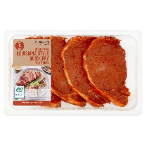 4 Boneless Irish Pork Chops in a Sweet Smoky BBQ Marinade<br/><br/><b>Features</b><br/>In a delicious sweet and smoky BBQ marinade<br/>Pan Fry for 8 Minutes<br/><br/><b>Pack Size</b><br/>400g ℮<br/><br/><br/><b>Ingredients</b><br/>Irish Pork (94%)<br/>Louisiana Style BBQ Marinade (6%) [Maize Starch, Sugar, Salt, Tomato Powder, Garlic Powder, Yeast Extract, Chipotle Chilli Powder, Acidity Regulators: Citric Acid, Sodium Diacetate; Red Bell Peppers, Thickener: Xanthan Gum; Chillies, Parsley, Smoke Flavouring, Colour: Paprika Extract; Capsicum Extract]<br/><br/><b>Safety Warning</b><br/>CAUTION: This product is raw and must be cooked. Whilst every effort has been made to remove all bones, some may remain.<br/>
FOOD SAFETY TIP: Wash all surfaces, utensils and hands after contact with raw meat. Keep all raw and cooked products separate.<br/><br/><b>Storage Type</b><br/>Chilled<br/><br/><b>Storage and Usage Statements</b><br/>Suitable for Home Freezing<br/>Keep Refrigerated<br/><br/><b>Storage</b><br/>Keep Refrigerated 0°C to +4°C. Consume within 24 hours of opening and by 'use by' date. For 'use by' date, see top of pack. Suitable for home freezing. If freezing, freeze on the day of purchase and consume within 1 month. Defrost thoroughly in refrigerator before cooking and use within 24 hours. Once thawed do not refreeze.<br/><br/><b>Storage Conditions</b><br/>Min Temp °C 0<br/>Max Temp °C 4<br/><br/><b>Cooking Guidelines</b><br/>Shallow Fry - From Chilled - Cooking times will vary with appliances, the following are guidelines only.<br/>
Remove all packaging.<br/>
6-8 mins.<br/>
Preheat 5ml of oil in a pan over a Medium heat. Place chops in pan and cook gently for time indicated until all juices run clear, turning occasionally.<br/>
Ensure Product is Piping Hot Throughout. Do Not Reheat.<br/><br/>Country of Origin - Ireland<br/>Packed In - Ireland<br/><br/><b>Origin</b><br/>Produced and packed in Ireland<br/><br/><b>Company Name</b><br/>Dunnes Stores<br/><br/><b>Company Address</b><br/>46-50 South Great George's Street,<br/>
Dublin 2.<br/>
<br/>
Store 3,<br/>
Forestside S.C.,<br/>
Upr. Galwally Rd.,<br/>
Belfast,<br/>
BT8 6FX.<br/><br/><b>Durability after Opening</b><br/>Consume Within - Hours - 24<br/><br/><b>Return To</b><br/>Dunnes Stores,<br/>
46-50 South Great George's Street,<br/>
Dublin 2.<br/>
<br/>
Dunnes Stores,<br/>
Store 3,<br/>
Forestside S.C.,<br/>
Upr. Galwally Rd.,<br/>
Belfast,<br/>
BT8 6FX.<br/>