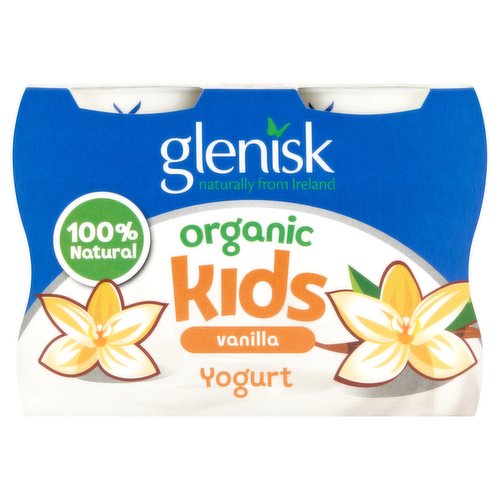 Organic kids vanilla yogurt<br/><br/><b>Further Description</b><br/>Win!<br/>
Go with the flow on the ultimate Disney Pixar inspired trip to NYC<br/>
Disney and Pixar's "Elemental" introduces Ember, whose friendship with Wade challenges her beliefs about the world they live in.<br/>
To celebrate the release of Elemental, in cinemas this summer, Glenisk has teamed up with Disney to offer one lucky winner a dream family trip to New York City! The ultimate Element City-inspired trip, the family will touch down in the 'wetropolis' and enjoy a 4-night stay at a luxury hotel in the heart of the action!<br/>
Find out more and enter at glenisk.com/elemental<br/><br/><b>Features</b><br/>Organic<br/>Naturally from Ireland<br/>100% Natural<br/>42% of sugars are naturally occurring milk sugars<br/>Made from pasteurised milk<br/>Suitable for coeliacs/Gluten free<br/>Suitable for Vegetarians<br/><br/><b>Lifestyle</b><br/>Gluten free<br/>Organic<br/>Suitable for Coeliacs<br/>Suitable for Vegetarians<br/><br/><b>Pack Size</b><br/>90g ℮<br/><br/><b>Usage Other Text</b><br/>Pack contains 4 servings<br/><br/><b>Usage Count</b><br/>Number of uses - Servings - 4<br/><br/><br/><b>Ingredients</b><br/>Organic <span style='font-weight: bold;'>Milk</span><br/>Organic Cane Sugar<br/>Organic Cream (<span style='font-weight: bold;'>Milk</span>)<br/>Organic Maize Starch<br/>Natural Vanilla Flavouring<br/>Gelling Agent (Pectin)<br/>Cultures (Streptococcus Thermophilus, Bifidobacterium, Lactobacillus Casei, Lactobacillus Bulgaricus)<br/>Organic Vanilla Pods (0.01%)<br/>Organic Lemon Juice Concentrate<br/>Organic Vanilla Extract (0.01%)<br/><br/><b>Allergy Advice</b><br/>For allergens, see ingredients in <span style='font-weight: bold;'>bold</span>.<br/><br/><br/><b>Number of Units</b><br/>4<br/><br/><b>Storage Type</b><br/>Chilled<br/><br/><b>Storage and Usage Statements</b><br/>Keep Refrigerated<br/><br/><b>Storage</b><br/>Store between 0°C and 5°C.<br/>
Use immediately after opening.<br/>
Use by: see lid.<br/><br/><b>Storage Conditions</b><br/>Min Temp °C 0<br/>Max Temp °C 5<br/><br/><b>Preparation and Usage</b><br/>Stir before use.<br/><br/><b>Company Name</b><br/>Glenisk Ltd.<br/><br/><b>Company Address</b><br/>Newtown,<br/>
Killeigh,<br/>
Tullamore,<br/>
Co. Offaly,<br/>
Ireland.<br/><br/><b>Web Address</b><br/>www.glenisk.com<br/><br/><b>Return To</b><br/>Glenisk Ltd.,<br/>
Newtown,<br/>
Killeigh,<br/>
Tullamore,<br/>
Co. Offaly,<br/>
Ireland.<br/>
www.glenisk.com<br/>