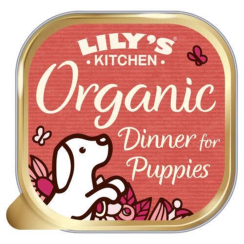 This is a complete pet food for puppies with no artificial ingredients.<br/><br/><b>Features</b><br/>Organic<br/>Proper Food for Dogs<br/>With chicken & veg<br/>Naturally Complete<br/>Natural Ingredients<br/>Grain Free Recipe<br/><br/><b>Lifestyle</b><br/>Organic<br/><br/><b>Pack Size</b><br/>150g ℮<br/><br/><br/><b>Ingredients</b><br/>Organic Chicken 28%<br/>Organic Pork 12%<br/>Organic Beef 10%<br/>Organic Fish 7%<br/>Organic Vegetables 5% (Organic Carrots and Organic Peas)<br/>Minerals<br/>Organic Spirulina<br/>Algae<br/><br/><b>Allergy Text</b><br/>Made in a factory that handles grains so traces may be present.<br/><br/><br/><b>Storage Type</b><br/>Ambient<br/><br/><b>Storage</b><br/>For Best Before/Batch Number see side of tray.<br/>
Store in a cool dry place. Once opened, refrigerate and use within 2 days.<br/><br/><b>Preparation and Usage</b><br/>24H Feeding Guidelines<br/>
1-5kg: 2-4: 200-660g, 4-6: 165-550g, 6-12: 130-440g<br/>
6-10kg: 2-4: 760-1115g, 4-6: 630-930g, 6-12: 505-745g<br/>
11-15kg: 2-4: 1200-1510g, 4-6: 1000-1260g, 6-12: 1000-1260g<br/>
<br/>
To be used as a general guide, together with good sense and experience. This complete food contains all the nutritional requirements for a puppy 2 months+. Feeding Instructions: Serve at room temperature. A bowl of fresh water should be nearby.<br/><br/>Country of Origin - Produce of the EU<br/><br/><b>Origin</b><br/>Made in the EU<br/><br/><b>Company Name</b><br/>Lily's Letterbox<br/><br/><b>Company Address</b><br/>PO Box 59287,<br/>
London,<br/>
NW3 9JR,<br/>
UK.<br/><br/><b>Telephone Helpline</b><br/>+44 (0)20 7433 1863<br/><br/><b>Web Address</b><br/>lilyskitchen.com<br/><br/><b>Return To</b><br/>lilyskitchen.com<br/>
+44 (0)20 7433 1863<br/>
Lily's Letterbox,<br/>
PO Box 59287,<br/>
London,<br/>
NW3 9JR,<br/>
UK.<br/><br/><style>table {border-collapse:collapse}td {background:#f0f3f7;border: 1px solid gray;border-collapse:collapse;} th {background:lightgray;border: 1px solid gray;border-collapse:collapse;} .sectHead {font-weight:bold;} </style><p><span class=sectHead>Nutrition</span><table><tr><th></th><th>Analytical Constituents:</th></tr><tr><td>Crude Protein</td><td>10%</td></tr><tr><td>Crude Fat</td><td>5.5%</td></tr><tr><td>Crude Ash</td><td>2.2%</td></tr><tr><td>Crude Fibres</td><td>0.3%</td></tr><tr><td>Moisture</td><td>82.0%</td></tr><tr><td>Energy</td><td>89kcal/100g</td></tr><tr><td>Additives (per kg):</td><td></td></tr><tr><td>Trace Elements:</td><td></td></tr><tr><td>Zinc (as Zinc sulphate Monohydrate)</td><td>15.2 mg</td></tr><tr><td>Manganese (as Manganese sulphate Monohydrate)</td><td>3.2 mg</td></tr><tr><td>Iodine (as Calcium iodate)</td><td>0.5 mg</td></tr></table></p>