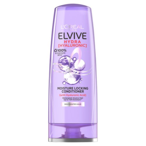 <b>Further Description</b><br/>Find out more on L'Oreal's Sustainability commitments on https://www.loreal-paris.co.uk/because-our-planet-is-worth-it.<br/><br/><b>Features</b><br/>For dehydrated hair, first sign of hair damage<br/>Hair instantly detangled<br/>For all hair types and textures<br/>For beautiful hair today and a better planet tomorrow<br/><br/><b>Pack Size</b><br/>300ml ℮<br/><br/><br/><b>Ingredients</b><br/>Aqua / Water<br/>Cetearyl Alcohol<br/>Dimethicone<br/>Glycerin<br/>Behentrimonium Chloride<br/>CI 60730 / Ext. Violet 2<br/>Lactic Acid<br/>Sodium Laureth Sulfate<br/>Sodium Hyaluronate<br/>Sodium Hydroxide<br/>Phenoxyethanol<br/>Limonene<br/>Amodimethicone<br/>Isopropyl Alcohol<br/>Cetrimonium Chloride<br/>Parfum /Fragrance<br/><br/><b>Storage Type</b><br/>Ambient<br/><br/><b>Preparation and Usage</b><br/>Start by applying on damp hair, focusing on lengths and ends. Leave for one minute, then rinse. For best results, use after the L'Oreal Paris Elvive Hydra Hyaluronic Moisture Wrapping Shampoo. Complete the routine with the L'Oreal Paris Elvive Hydra Hyaluronic 72H Moisture Wrapping Mask and the L'Oreal Paris Elvive Hydra Hyaluronic Moisture Plump Serum, enriched with a 2% Care Complex with Hyaluronic Acid. In case of contact with eyes, rinse them immediately and thoroughly.<br/><br/>Country of Origin - France<br/><br/><b>Company Name</b><br/>L'Oréal Paris<br/><br/><b>Company Address</b><br/>London,<br/>
W6 8AZ.<br/><br/><b>Telephone Helpline</b><br/>UK: 0800 0304 032<br/>ROI: 1800 818 672<br/><br/><b>Web Address</b><br/>www.loreal-paris.co.uk/contact-us<br/><br/><b>Return To</b><br/>For expert advice, please contact:<br/>
L'Oréal Consumer Advisory Department<br/>
UK: 0800 0304 032<br/>
ROI: 1800 818 672<br/>
L'Oréal Paris,<br/>
London,<br/>
W6 8AZ.<br/>
www.loreal-paris.co.uk/contact-us<br/><br/>