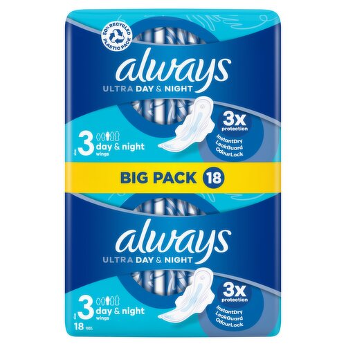 12x Always Cotton Protection Sanitary Pads - 100% Organic Cotton Topsheet -  Size 3 with Wings - 9 Pieces