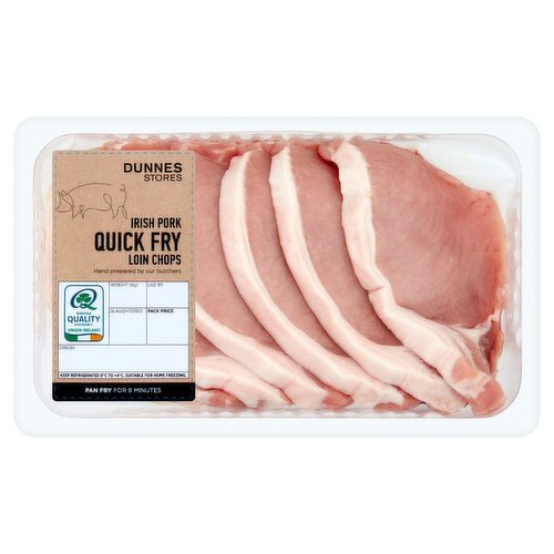 Fresh Irish Boneless Pork Loin Chops<br/><br/><b>Features</b><br/>Hand prepared by our butchers<br/>Pan Fry for 8 Minutes<br/><br/><b>Pack Size</b><br/>600g ℮<br/><br/><b>Recycling Info</b><br/>Label - glued - Paper - Widely Recycled<br/><br/><b>Safety Warning</b><br/>CAUTION: This product is raw and must be cooked.<br/>
FOOD SAFETY TIP: Wash all surfaces, utensils and hands after contact with raw meat. Keep all raw and cooked products separate.<br/><br/><b>Storage Type</b><br/>Chilled<br/><br/><b>Storage and Usage Statements</b><br/>Suitable for Home Freezing<br/>Keep Refrigerated<br/><br/><b>Storage</b><br/>Keep refrigerated 0°C to +4°C. Consume within 48 hours of opening and by 'use by' date. For 'use by' date and weight, see top of pack. Suitable for home freezing. If freezing, freeze on the day of purchase and consume within 1 month. Defrost thoroughly in refrigerator before cooking and use within 24 hours. Once thawed do not refreeze.<br/><br/><b>Storage Conditions</b><br/>Min Temp °C 0<br/>Max Temp °C 4<br/><br/><b>Cooking Guidelines</b><br/>Shallow Fry - From Chilled - Cooking times will vary with appliances, the following are guidelines only. Remove all packaging.<br/>
6-8 mins.<br/>
Preheat 5ml of oil in a pan oven a medium heat. Place chops in pan and cook for time indicated, until all juices run clear, turning occasionally.<br/>
Ensure product is piping hot throughout. Do not reheat.<br/><br/>Country of Origin - Ireland<br/>Packed In - Ireland<br/><br/><b>Origin</b><br/>Produced and packed in Ireland<br/><br/><b>Company Name</b><br/>Dunnes Stores<br/><br/><b>Company Address</b><br/>46-50 South Great George's Street,<br/>
Dublin 2.<br/>
<br/>
Store 3,<br/>
Forestside S.C.,<br/>
Upr. Galwally Rd.,<br/>
Belfast,<br/>
BT8 6FX.<br/><br/><b>Durability after Opening</b><br/>Consume Within - Hours - 48<br/><br/><b>Return To</b><br/>Dunnes Stores,<br/>
46-50 South Great George's Street,<br/>
Dublin 2.<br/>
<br/>
Dunnes Stores,<br/>
Store 3,<br/>
Forestside S.C.,<br/>
Upr. Galwally Rd.,<br/>
Belfast,<br/>
BT8 6FX.<br/>