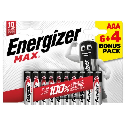 <b>Features</b><br/>10-pack of Energizer Max AAA batteries, Alkaline<br/>Longer Lasting: Up to 100% longer lasting AAA vs IEC 2015 standard minimum average duration in toys<br/>Trusted Power: Energizer alkaline batteries for your most in-demand essentials, like clocks, torches, wireless mice and controllers<br/>Leak Protection: Leak-resistant construction protects your devices against leaks; covered under the Energizer No Leak Guarantee<br/>Reliable: Each Energizer alkaline AAA battery boasts up to 10 years’ shelf life, so they’re ready when you need them<br/>Energizer Innovation: From the makers of the world’s longest-lasting AA batteries, Energizer Ultimate Lithium<br/>100% Recyclable Packaging: Energizer packaging is 100% recyclable, supports responsible forestry, and is plastic-free, excluding seals on select packaging<br/><br/><b>Number of Units</b><br/>10<br/><br/><b>Storage Type</b><br/>Ambient<br/><br/>