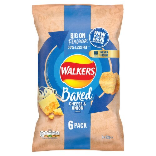 6 x Cheese & Onion Flavour Baked Potato Snack<br/><br/><b>Nutritional Claims</b><br/>96 Kcal 405kj<br/>No added MSG, artificial colours or preservatives<br/>Suitable for Vegetarians<br/><br/><b>Features</b><br/>96 Kcal 405kj<br/>No added MSG, artificial colours or preservatives<br/>Suitable for Vegetarians<br/>This range is Baked, never Fried<br/>Great Baked Taste<br/>Fresh Taste Guaranteed<br/>Big on Flavour<br/>100% Quality Ingredients<br/><br/><b>Lifestyle</b><br/>Suitable for Vegetarians<br/><br/><b>Pack Size</b><br/>22g ℮<br/><br/><b>Usage Other Text</b><br/>Each inner pack contains 1 serving<br/><br/><b>Usage Count</b><br/>Number of uses - Servings - 1<br/><br/><br/><b>Ingredients</b><br/>Potato Flakes, Starch, Rapeseed Oil, Cheese & Onion Seasoning, Sugar, Emulsifier (Lecithins), Sunflower Oil, Colour (Annatto Norbixin), Cheese & Onion Seasoning: Whey Permeate (from <span style='font-weight: bold;'>MILK</span>), Salt, Sugar, Flavouring (contains <span style='font-weight: bold;'>MILK</span>), Rice Flour, Onion Powder, Acidity Regulators (Citric Acid, Malic Acid), Whey Protein (from <span style='font-weight: bold;'>MILK</span>), Garlic Powder, Dried Cheese (0.1%) (from <span style='font-weight: bold;'>MILK</span>), Whey Powder (from <span style='font-weight: bold;'>MILK</span>), Colour (Paprika Extract, Annatto Bixin), Skimmed <span style='font-weight: bold;'>MILK</span> Powder<br/><br/><b>Allergy Advice</b><br/>CONTAINS: See highlighted ingredients<br/><br/><br/><b>Allergy Text</b><br/>MAY CONTAIN: Wheat, Gluten, Barley, Soya, Celery, Mustard<br/><br/><br/><b>Number of Units</b><br/>6<br/><br/><b>Storage Type</b><br/>Ambient<br/><br/><b>Storage</b><br/>Store in a cool dry place<br/><br/>Country of Origin - United Kingdom<br/><br/><b>Company Name</b><br/>Walkers Snack Foods Ltd. / Walkers<br/><br/><b>Company Address</b><br/>Walkers Snack Foods Ltd.,<br/>
PO Box 23,<br/>
Leicester,<br/>
LE4 8ZU,<br/>
UK.<br/>
<br/>
EU: Walkers,<br/>
c/o Dublin 18,<br/>
D18 Y3Y9.<br/><br/><b>Trademark Information</b><br/>WALKERS, and the WALKERS Logo, are registered trademarks ©2022.<br/><br/><b>Telephone Helpline</b><br/>UK 0800 274777<br/>
ROI 1800 509408<br/><br/><b>Web Address</b><br/>www.walkers.co.uk<br/><br/><b>Return To</b><br/>At Walkers, we relentlessly pursue the best, freshest, tastiest, crunchiest crisps. But if we didn't nail it this time, please contact us here:<br/>
www.walkers.co.uk<br/>
UK 0800 274777<br/>
ROI 1800 509408<br/>
Weekdays 9am-5pm<br/>
Or Consumer Care<br/>
Walkers Snack Foods Ltd.,<br/>
PO Box 23,<br/>
Leicester,<br/>
LE4 8ZU,<br/>
UK.<br/>
<br/>
EU: Walkers,<br/>
c/o Dublin 18,<br/>
D18 Y3Y9.<br/>
Please have product available when calling.<br/>
Applies to UK and Republic of Ireland only.<br/>
Your statutory rights are not affected.<br/>