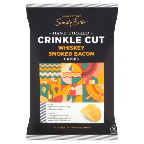 Dunnes Stores Simply Better Hand Cooked Crinkle Cut Whiskey Smoked Bacon Crisps 125g