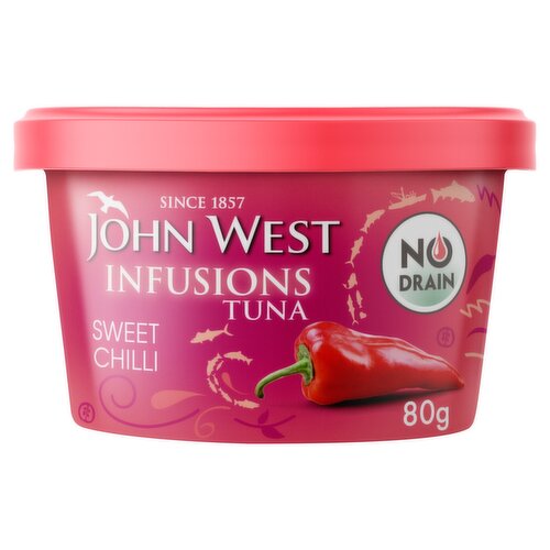 Tuna Flakes with a Sweet, Red Chilli & Jalapeño Marinade<br/><br/><b>Features</b><br/>No Drain<br/>No Artificial Colours or Flavours<br/><br/><b>Lifestyle</b><br/>Dolphin friendly<br/><br/><b>Pack Size</b><br/>80g ℮<br/><br/><br/><b>Ingredients</b><br/><span style='font-weight: bold;'>Tuna</span> (72%)<br/>Sunflower Oil (10%)<br/>Sugar (8%)<br/>Red Chilli Puree (4%)<br/>Garlic<br/>Red Jalapeno (0,6%)<br/>Concentrated Lime Juice<br/>Salt<br/>Thickener: Xanthan and Guar Gum<br/><br/><b>Safety Warning</b><br/>CARE IS TAKEN PREPARING OUR FISH, BUT SOME BONES MAY REMAIN.<br/><br/><b>Storage Type</b><br/>Ambient<br/><br/><b>Storage</b><br/>Once opened cover, refrigerate and use within 2 days.<br/>
For Best Before End and Ocean of Catch: See Side of Can<br/><br/><b>Company Name</b><br/>John West Foods Ltd / John West, ISI Ltd<br/><br/><b>Company Address</b><br/>John West Foods Ltd,<br/>
Liverpool, <br/>
L3 1BP,<br/>
UK.<br/>
<br/>
John West, ISI Ltd,<br/>
14 Classon House,<br/>
Dundrum,<br/>
Dublin 14,<br/>
Ireland.<br/><br/><b>Durability after Opening</b><br/>Consume Within - Days - 2<br/><br/><b>Web Address</b><br/>www.john-west.com<br/><br/><b>Return To</b><br/>John West Foods Ltd,<br/>
Liverpool, <br/>
L3 1BP,<br/>
UK.<br/>
<br/>
John West, ISI Ltd,<br/>
14 Classon House,<br/>
Dundrum,<br/>
Dublin 14,<br/>
Ireland.<br/>
www.john-west.com<br/>
Drop us a line at: ahoy-there@john-west.com<br/>
