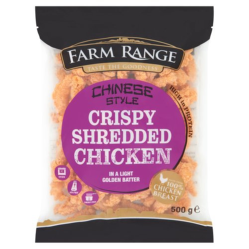 Tender chicken breast strips, coated in a light golden crispy batter.<br/><br/><b>Nutritional Claims</b><br/>High in Protein<br/><br/><b>Features</b><br/>Taste the Goodness<br/>High in Protein<br/>In a Light Golden Batter<br/>Made from 100% Chicken Breast<br/>Halal<br/><br/><b>Lifestyle</b><br/>Halal<br/><br/><b>Pack Size</b><br/>500g ℮<br/><br/><br/><b>Ingredients</b><br/>Chicken Breast Fillet (58%)<br/>Flours: <span style='font-weight: bold;'>Wheat</span>, Rice<br/>Starch<br/>Palm Oil*<br/>Modified Starch<br/>Salt<br/>Acidity Regulators: Sodium Citrates, Sodium Carbonates<br/>Raising Agent: Diphosphates<br/>Yeast Extract<br/>Sugar<br/>Dextrose<br/>Colour: Paprika Extract<br/>*Palm Oil from Sustainable Sources<br/><br/><b>Allergy Advice</b><br/>For allergens, including Cereals containing Gluten, see ingredients in <span style='font-weight: bold;'>bold</span>.<br/><br/><br/><b>Allergy Text</b><br/>May also contain Milk, Soya, Celery, Egg and Sesame.<br/><br/><br/><b>Safety Warning</b><br/>Although great care has been taken to remove all bones, some may remain.<br/><br/><b>Storage Type</b><br/>Frozen<br/><br/><b>Storage and Usage Statements</b><br/>Keep Frozen<br/><br/><b>Storage</b><br/>Store in the freezer at -18°C. If thawed do not refreeze.<br/><br/><b>Storage Conditions</b><br/>Max Temp °C -18<br/><br/><b>Cooking Guidelines</b><br/>Cooking Instructions - General - Remove all packaging prior to cooking.<br/>
- Please ensure food is piping hot prior to serving.<br/>
- The above instructions are guidelines only as cooking appliances may vary.<br/>Deep Fry - From Frozen - Pre-heat oil to 180°C. Place shredded chicken in the oil and fry for approximately 3-5 minutes.<br/>Other - From Frozen - To air fry from frozen: Pre-heat air fryer to 180°C. Place shredded chicken in the air fryer and cook for approximately 7-9 minutes.<br/>Oven cook - From Frozen - Pre-heat oven to 200°C/180°C Fan/ Gas mark 6. Place shredded chicken on a pre-heated baking tray and cook for approximately 10-12 minutes, turning once during cooking time.<br/><br/>Country of Origin - China<br/><br/><b>Origin</b><br/>Produced in China in an EU approved factory<br/><br/><b>Company Name</b><br/>Pan Euro Foods<br/><br/><b>Company Address</b><br/>9C Beckett Way,<br/>
Park West Business Park,<br/>
Dublin,<br/>
D12 XN9W,<br/>
Ireland.<br/><br/><b>Web Address</b><br/>www.paneurofoods.com<br/><br/><b>Return To</b><br/>Pan Euro Foods,<br/>
9C Beckett Way,<br/>
Park West Business Park,<br/>
Dublin,<br/>
D12 XN9W,<br/>
Ireland.<br/>
www.paneurofoods.com<br/>
