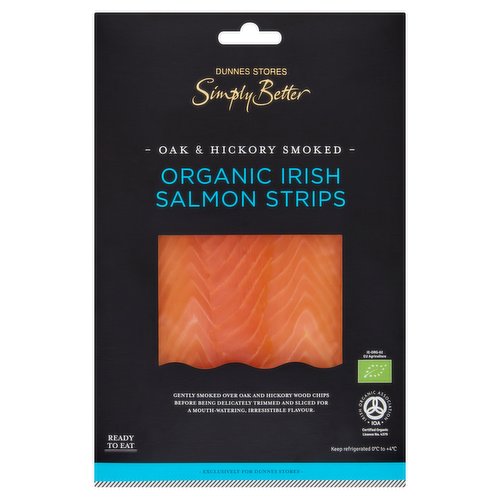 Oak & Hickory Smoked Organic Irish Salmon Strips<br/><br/><b>Features</b><br/>Organic<br/>Ready to Eat<br/>Responsibly Sourced<br/><br/><b>Lifestyle</b><br/>Organic<br/><br/><b>Pack Size</b><br/>80g ℮<br/><br/><b>Usage Other Text</b><br/>Number of Servings Per Pack: 2<br/><br/><b>Usage Count</b><br/>Number of uses - Servings - 2<br/><br/><b>Recycling Info</b><br/>Sleeve - Card - Widely Recycled<br/><br/><br/><b>Ingredients</b><br/>Organic Irish Salmon (97%) (<span style='font-weight: bold;'>Fish</span>)<br/>Salt<br/><br/><b>Safety Warning</b><br/>CAUTION<br/>
- Whilst every effort has been made to remove all bones, some may remain.<br/><br/><b>Storage Type</b><br/>Chilled<br/><br/><b>Storage and Usage Statements</b><br/>Suitable for Home Freezing<br/>Keep Refrigerated<br/>Ready to Eat<br/><br/><b>Storage</b><br/>Keep refrigerated 0°C to +4°C<br/>
- Consume within 48 hours of opening and by 'use by' date.<br/>
- Suitable for home freezing.<br/>
- If freezing, freeze on the day of purchase and consume within 1 month.<br/>
- Defrost thoroughly in refrigerator before serving and use within 24 hours.<br/>
- Once thawed do not refreeze.<br/>
- This product may have been previously frozen and defrosted to chill temperature under controlled conditions, for full details please see 'use by' area. Further freezing will not affect the quality.<br/><br/><b>Storage Conditions</b><br/>Min Temp °C 0<br/>Max Temp °C 4<br/><br/><b>Preparation and Usage</b><br/>Serving Suggestion<br/>
Separate the slices of salmon 20 minutes before serving to allow the salmon to reach room temperature. Simply serve the salmon with lemon wedges and some fresh bread.<br/><br/>Country of Origin - Ireland<br/>Packed In - Ireland<br/><br/><b>Company Name</b><br/>Dunnes Stores<br/><br/><b>Company Address</b><br/>46-50 South Great George's Street,<br/>
Dublin 2.<br/>
<br/>
Store 3,<br/>
Forestside S.C.,<br/>
Upr. Galwally Rd.,<br/>
Belfast,<br/>
N. Ireland,<br/>
BT8 6FX.<br/><br/><b>Durability after Opening</b><br/>Consume Within - Hours - 48<br/><br/><b>Return To</b><br/>Dunnes Stores,<br/>
46-50 South Great George's Street,<br/>
Dublin 2.<br/>
<br/>
Dunnes Stores,<br/>
Store 3,<br/>
Forestside S.C.,<br/>
Upr. Galwally Rd.,<br/>
Belfast,<br/>
N. Ireland,<br/>
BT8 6FX.<br/>