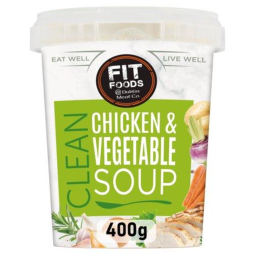 Chicken & vegetable soup<br/><br/><b>Nutritional Claims</b><br/>Low in Fat<br/>High in Protein<br/><br/><b>Features</b><br/>Eat Well<br/>Live Well<br/>Gluten Free Recipe<br/>Low in Fat<br/>High in Protein<br/>MSG Free<br/><br/><b>Lifestyle</b><br/>Gluten free<br/>Low Fat<br/><br/><b>Pack Size</b><br/>400g ℮<br/><br/><b>Usage Other Text</b><br/>This pack contains one serving<br/><br/><b>Usage Count</b><br/>Number of uses - Servings - 1<br/><br/><b>Recycling Info</b><br/>Pack - Recyclable<br/><br/><br/><b>Ingredients</b><br/>Water<br/>Carrots (12%)<br/>Potato (7%)<br/>Onion (6%)<br/>Turnip (5%)<br/>Chicken (5%)<br/>Skimmed <span style='font-weight: bold;text-decoration: underline;'>MILK</span> Powder<br/>Parsnip (2%)<br/>Thickener: Cornflour<br/>Kale (1.7%)<br/>Garlic Purée<br/>Salt<br/>Yeast Extract<br/>Dextrose<br/>Chicken Stock<br/>Garlic Powder<br/>Onion Powder<br/>Chicken Fat<br/>Cracked Black Pepper<br/>Thyme<br/>Chicken Extract<br/>Parsley<br/>Turmeric<br/>Sage Extract<br/><span style='font-weight: bold;text-decoration: underline;'>CELERY</span> Extract<br/>Pepper Exract<br/>Anti-Oxidant: Rosemary Extract<br/>Preservative: Sodium <span style='font-weight: bold;text-decoration: underline;'>METABISULPHITE</span><br/><br/><b>Allergy Advice</b><br/>For allergens, see ingredients highlighted in <span style='font-weight: bold;text-decoration: underline;'>BOLD</span>.<br/><br/><br/><b>Allergy Text</b><br/>May also contain traces of Nuts.<br/><br/><br/><b>Safety Warning</b><br/>Although every care has been taken to remove bones, some may remain<br/><br/><b>Storage Type</b><br/>Chilled<br/><br/><b>Storage and Usage Statements</b><br/>Suitable for Home Freezing<br/>Keep Refrigerated<br/><br/><b>Storage</b><br/>Keep refrigerated 0°c to 4°C. Once opened keep refrigerated and use within 2 days. Do not exceed 'use by date. For 'use by' see lid. Suitable for home freezing freeze on day of purchase and use within one month. Defrost thoroughly in a refrigerator.<br/>
Do not refreeze once thawed.<br/><br/><b>Storage Conditions</b><br/>Min Temp °C 0<br/>Max Temp °C 4<br/><br/><b>Cooking Guidelines</b><br/>Cooking Instructions - General - All appliances vary in performance, the following are guidelines only. Ensure soup is piping hot before serving. Caution: take care when removing pot and lid as it will be hot. Beware of escaping steam when removing lid. Handle carefully to avoid scalding. Do Not Reheat.<br/>Hob - From Chilled - Remove lid and pour soup into a saucepan. Heat gently over a medium heat stirring regularly until piping hot.<br/>Microwave - From Chilled - (900W-4 Mins): Remove lid and place loosely on top of pot. Place pot on a microwaveable plate and heat for 4 mins until piping hot, stirring halfway through heating time. Allow to stand for 1 min and stir before serving.<br/><br/><b>Preparation and Usage</b><br/>Shake well before opening.<br/><br/>Country of Origin - Ireland<br/><br/><b>Company Name</b><br/>Fit Foods @ Dublin Meat Company<br/><br/><b>Company Address</b><br/>Unit 1,<br/>
Forest Road,<br/>
Swords,<br/>
Co. Dublin.<br/><br/><b>Durability after Opening</b><br/>Consume Within - Days - 2<br/><br/><b>Web Address</b><br/>www.fitfoodsforlife.com<br/><br/><b>Return To</b><br/>Fit Foods @ Dublin Meat Company,<br/>
Unit 1,<br/>
Forest Road,<br/>
Swords,<br/>
Co. Dublin.<br/>
www.fitfoodsforlife.com<br/>