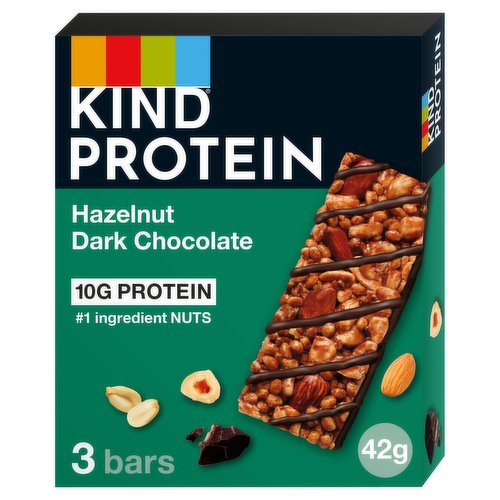 Hazelnut dark chocolate combines the delicious flavours of hazelnuts and a blend of nuts drizzled with smooth dark chocolate for a tasty plant based protein boost.<br/><br/><b>Nutritional Claims</b><br/>Source of Protein<br/>High Fibre<br/><br/><b>Features</b><br/>10g Plant Protien<br/>#1 Ingredient Peanuts<br/>Ingredients you can see & pronounce<br/>High Fibre<br/>Source of Protein<br/>Gluten Free<br/>No Artificial Colours, Flavours or Preservatives<br/>Kosher - D<br/><br/><b>Lifestyle</b><br/>Gluten free<br/>Kosher<br/><br/><b>Pack Size</b><br/>42g ℮<br/><br/><b>Usage Other Text</b><br/>Portions per pack: 3, Portion size: 42g<br/><br/><b>Usage Count</b><br/>Number of uses - Servings - 3<br/><br/><b>Recycling Info</b><br/>Pack - Recyclable<br/><br/><br/><b>Ingredients</b><br/><span style='font-weight: bold;'>Peanuts</span><br/>Dark Chocolate Coating (Sugar, Cocoa Mass, Cocoa Butter, Emulsifier (<span style='font-weight: bold;'>Soya</span> Lecithin), Natural Flavouring)<br/>Protein Crisps (<span style='font-weight: bold;'>Soya</span> Protein Isolate, Starch, Sea Salt)<br/><span style='font-weight: bold;'>Hazelnut</span><br/><span style='font-weight: bold;'>Almonds</span><br/>Chicory Root Fibre<br/>Honey<br/>Glucose Syrup<br/>Cocoa Mass<br/>Emulsifier <span style='font-weight: bold;'>Soya</span> Lecithin<br/>Natural Flavouring<br/>Antioxidant Tocopherol-Rich Extract<br/><br/><b>Allergy Text</b><br/>May contain: Other <span style='font-weight: bold;'>Nuts</span>, <span style='font-weight: bold;'>Milk</span>.<br/><br/><br/><b>Number of Units</b><br/>3<br/><br/><b>Storage Type</b><br/>Ambient<br/><br/><b>Storage</b><br/>Best before: see side of pack.<br/>
Store in a cool, dry place<br/><br/><b>Company Name</b><br/>Kind Snacks UK Ltd / Kind Int. Ltd.<br/><br/><b>Company Address</b><br/>Kind Snacks UK Ltd,<br/>
P.O. Box 71086,<br/>
London,<br/>
SE1P 5HU.<br/>
<br/>
Kind Int. Ltd.,<br/>
Box 3856,<br/>
Dublin 4.<br/><br/><b>Web Address</b><br/>kindsnacks.co.uk<br/>kindsnacks.ie<br/><br/><b>Return To</b><br/>GB: Kind Snacks UK Ltd,<br/>
P.O. Box 71086,<br/>
London,<br/>
SE1P 5HU.<br/>
Get in touch at kindsnacks.co.uk<br/>
<br/>
IE: Kind Int. Ltd.,<br/>
Box 3856,<br/>
Dublin 4.<br/>
Get in touch at kindsnacks.ie<br/>