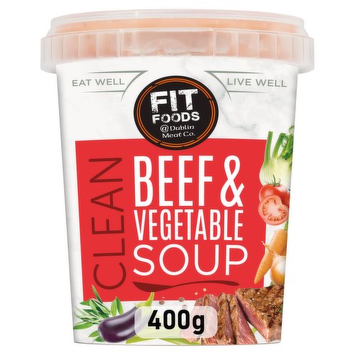 Beef & vegetable soup<br/><br/><b>Nutritional Claims</b><br/>High in Protein<br/>Low in Fat<br/><br/><b>Features</b><br/>Eat Well, Live Well<br/>MSG Free<br/>High in Protein<br/>Low in Fat<br/>Gluten Free Recipe<br/><br/><b>Lifestyle</b><br/>Gluten free<br/>Low Fat<br/><br/><b>Pack Size</b><br/>400g ℮<br/><br/><b>Usage Other Text</b><br/>This pack contains one serving<br/><br/><b>Usage Count</b><br/>Number of uses - Servings - 1<br/><br/><b>Recycling Info</b><br/>Pack - Recyclable<br/><br/><br/><b>Ingredients</b><br/>Water<br/>Beef (9%)<br/>Tomato<br/>Onion (6%)<br/><span style='font-weight: bold;text-decoration: underline;'>CELERY</span> (3%)<br/>Tomato Juice<br/>Carrot (3%)<br/>Aubergine (3%)<br/>Fennel<br/>Tomato Purée<br/>Green Beans (2%)<br/>Red Peppers (2%)<br/>Thickener: Cornflour<br/>Garlic Purée<br/>Balsamic Vinegar<br/>Brown Sugar<br/>Salt<br/>Yeast Extract<br/>Basil<br/>Oregano<br/>Dextrose<br/>Garlic Powder<br/>Onion Powder<br/>Cracked Black Pepper<br/>Anti-Oxidant: Citric Acid<br/>Parsley<br/>Turmeric<br/>Sage Extract<br/><span style='font-weight: bold;text-decoration: underline;'>CELERY</span> Extract<br/>Pepper Extract<br/><br/><b>Allergy Advice</b><br/>For allergens, see ingredients highlighted in <span style='font-weight: bold;text-decoration: underline;'>BOLD</span>.<br/><br/><br/><b>Allergy Text</b><br/>May also contain traces of Nuts.<br/><br/><br/><b>Safety Warning</b><br/>Although every care has been taken to remove bones, some may remain.<br/><br/><b>Storage Type</b><br/>Chilled<br/><br/><b>Storage and Usage Statements</b><br/>Suitable for Home Freezing<br/>Keep Refrigerated<br/><br/><b>Storage</b><br/>Keep refrigerated 0°C to 4°C. Once opened keep refrigerated and use within 2 days. Do not exceed 'use by' date. For 'use by' see lid. Suitable for home freezing freeze on day of purchase and use within one month. Defrost thoroughly in a refrigerator.<br/>
Do not refreeze once thawed.<br/><br/><b>Storage Conditions</b><br/>Min Temp °C 0<br/>Max Temp °C 4<br/><br/><b>Cooking Guidelines</b><br/>Cooking Instructions - General - All appliances vary in performance, the following are guidelines only. Ensure soup is piping hot before serving. Shake well before opening. Caution: Take care when removing pot and lid as it will be hot. Beware of escaping steam when removing lid. Handle carefully to avoid scalding. Do not reheat.<br/>Hob - From Chilled - Remove lid and pour soup into a saucepan. Heat gently over a medium heat stirring regularly until piping hot.<br/>Microwave - From Chilled - (900W - 4 Mins): Remove lid and place loosely on top of pot. Place pot on a microwaveable plate and heat for 4 mins until piping hot, stirring halfway through heating time. Allow to stand for 1 min and stir before serving.<br/><br/>Country of Origin - Ireland<br/><br/><b>Company Name</b><br/>Fit Foods @ Dublin Meat Company<br/><br/><b>Company Address</b><br/>Unit 1 Forest Road,<br/>
Swords,<br/>
Co. Dublin.<br/><br/><b>Durability after Opening</b><br/>Consume Within - Days - 2<br/><br/><b>Web Address</b><br/>www.fitfoodsforlife.com<br/><br/><b>Return To</b><br/>Fit Foods @ Dublin Meat Company,<br/>
Unit 1 Forest Road,<br/>
Swords,<br/>
Co. Dublin.<br/>
www.fitfoodsforlife.com<br/>