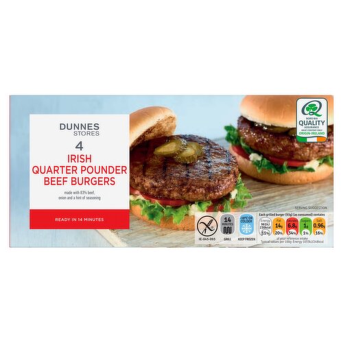 Dunnes Stores 4 Irish Quarter Pounder Beef Burgers 454g