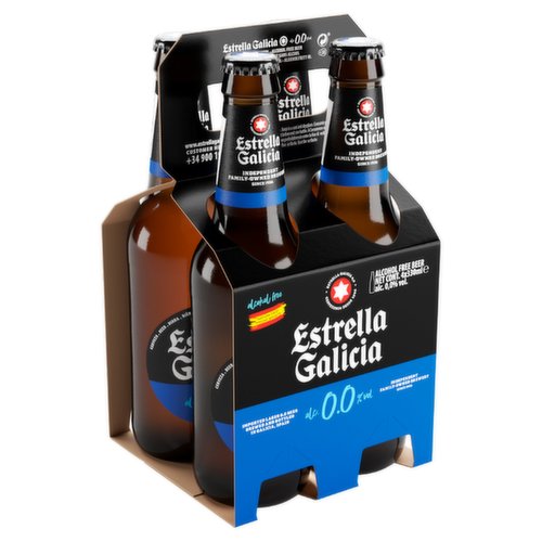 Alcohol Free Beer<br/><br/><b>Further Description</b><br/>McLaren, Estrella Galicia<br/>
Official beer partner<br/>
<br/>
Nutrition information available at www.estrellagalicia.es/info<br/><br/><b>Features</b><br/>Alcohol free<br/>Imported from Spain<br/><br/><b>Pack Size</b><br/>33cl ℮<br/><br/><br/><b>Ingredients</b><br/>Water<br/>Barley Malt<br/>Maize<br/>Hops<br/><br/><b>Allergy Text</b><br/>Contains Barley<br/><br/><br/><b>Lower Age Limit</b><br/>Statutory - Years - 18<br/><br/><b>Number of Units</b><br/>4<br/><br/><b>Storage Type</b><br/>Ambient<br/><br/><b>Storage</b><br/>Keep in a cool and dry place.<br/>
Best before end: see bottle.<br/><br/><b>Preparation and Usage</b><br/>Food pairing suggestions<br/>
Meat, fish and cheese.<br/><br/>Country of Origin - Spain<br/><br/><b>Web Address</b><br/>www.estrellagalicia00.es<br/><br/><b>Return To</b><br/>www.estrellagalicia00.es<br/>