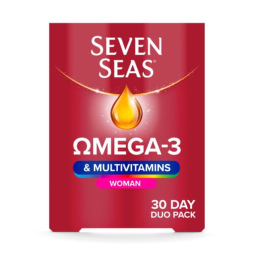 Food supplement containing fish oil capsules and vitamin and mineral tablets - 30 capsules and 30 tablets.<br/><br/><b>Features</b><br/>1000 mg Fish Oil<br/>300 mg omega-3<br/><br/><b>Recycling Info</b><br/>Blister - Don't Recycle<br/>Box - Recycle<br/><br/><hr/><b><u>Capsule</u></b><br/><br/><b>Ingredients</b><br/><span style='font-weight: bold;'>Fish</span> Oil<br/>Beef Gelatin<br/>Humectant: Glycerol<br/>Antioxidant: Tocopherol<br/><br/><b>Allergy Advice</b><br/>Allergy advice: See ingredients in <span style='font-weight: bold;'>bold</span>.<br/><style>table {border-collapse:collapse}td {background:#f0f3f7;border: 1px solid gray;border-collapse:collapse;} th {background:lightgray;border: 1px solid gray;border-collapse:collapse;} .sectHead {font-weight:bold;} </style><br/><br/><p><span class=sectHead>Nutrition</span><table><tr><th></th><th>Quantity per 1 capsule</th><th>NRV*</th></tr><tr><td>Fish Body Oil</td><td>1000 mg</td><td>N/A</td></tr><tr><td>providing Omega-3</td><td>300 mg</td><td></td></tr><tr><td>of which EPA (Eicosapentaenoic Acid)</td><td>160 mg</td><td></td></tr><tr><td>of which DHA (Docosahexaenoic Acid)</td><td>100 mg</td><td></td></tr><tr><td>*NRV = Nutrient Reference Value</td><td></td><td></td></tr></tr></table><br/><hr/><b><u>Tablet</u></b><br/><br/><b>Ingredients</b><br/>Calcium Carbonate<br/>Bulking Agent: Microcrystalline Cellulose<br/>Magnesium Oxide<br/>L-Ascorbic Acid<br/>Ferrous Fumarate<br/>Maltodextrin<br/>Nicotinamide<br/>Modified Starch<br/>DL-Alpha-Tocopheryl Acetate<br/>Riboflavin<br/>Bulking Agents: Dicalcium Phosphate, Cross-Linked Sodium Carboxymethylcellulose<br/>Thiamine Mononitrate<br/>Zinc Oxide<br/>Calcium D-Pantothenate<br/>Glazing Agents: Hydroxypropyl Methyl Cellulose, Talc<br/>Pyridoxine Hydrochloride<br/>Anti-Caking Agents: Silicon Dioxide, Magnesium Salts of Fatty Acids, Fatty Acids<br/>Carrier: Acacia Gum<br/>Sugar<br/>Starch<br/>Glucose Syrup<br/>Manganese Sulphate<br/>Copper Sulphate<br/>Retinyl Acetate<br/>Pteroylmonoglutamic Acid<br/>D-Biotin<br/>Chromium Chloride<br/>Potassium Iodide<br/>Sodium Selenite<br/>Phytomenadione<br/>Cyanocobalamin<br/>Cholecalciferol<br/><br/><p><span class=sectHead>Nutrition</span><table><tr><th></th><th>Quantity per 1 tablet</th><th>NRV*</th></tr><tr><td>Vitamins</td><td></td><td></td></tr><tr><td>Vitamin A</td><td>500 µg RE</td><td>63</td></tr><tr><td>Vitamin D</td><td>20 µg</td><td>400</td></tr><tr><td>Vitamin E</td><td>18 mg α-TE</td><td>150</td></tr><tr><td>Vitamin K</td><td>75 µg</td><td>100</td></tr><tr><td>Vitamin C</td><td>80 mg</td><td>100</td></tr><tr><td>Thiamin (Vitamin B1)</td><td>12 mg</td><td>1091</td></tr><tr><td>Riboflavin (Vitamin B2)</td><td>20 mg</td><td>1429</td></tr><tr><td>Niacin</td><td>30 mg NE</td><td>188</td></tr><tr><td>Vitamin B6</td><td>9 mg</td><td>643</td></tr><tr><td>Folic Acid</td><td>400 µg</td><td>200</td></tr><tr><td>Vitamin B12</td><td>25 µg</td><td>1000</td></tr><tr><td>Biotin</td><td>400 µg</td><td>800</td></tr><tr><td>Pantothenic Acid</td><td>10 mg</td><td>167</td></tr><tr><td>Minerals</td><td></td><td></td></tr><tr><td>Calcium</td><td>130 mg</td><td>16</td></tr><tr><td>Magnesium</td><td>70 mg</td><td>19</td></tr><tr><td>Iron</td><td>14 mg</td><td>100</td></tr><tr><td>Zinc</td><td>13.5 mg</td><td>135</td></tr><tr><td>Copper</td><td>1 mg</td><td>100</td></tr><tr><td>Manganese</td><td>1 mg</td><td>50</td></tr><tr><td>Selenium</td><td>75 µg</td><td>136</td></tr><tr><td>Chromium</td><td>50 µg</td><td>125</td></tr><tr><td>Iodine</td><td>150 µg</td><td>100</td></tr><tr><td>*NRV = Nutrient Reference Value</td><td></td><td></td></tr><tr><td>RE: Retinol equivalents</td><td></td><td></td></tr><tr><td>α-TE: Alpha-tocopherol equivalents</td><td></td><td></td></tr><tr><td>NE: Niacin equivalents</td><td></td><td></td></tr></tr></table><br/><hr/><br/><br/><b>Lower Age Limit</b><br/>Statutory - Years - 18<br/><br/><b>Number of Units</b><br/>60<br/><br/><b>Safety Warning</b><br/>Do not exceed the recommended daily dose. Food supplements are not intended as a substitute for a varied and balanced diet and a healthy lifestyle. Contains iron, which, if taken in excess, may be harmful to very young children. Keep out of sight and reach of young children.<br/><br/><b>Storage Type</b><br/>Ambient<br/><br/><b>Storage</b><br/>Store in a cool, dry place below 25°C. Best before end: see bottom of pack.<br/><br/><b>Storage Conditions</b><br/>Max Temp °C 25<br/><br/><b>Preparation and Usage</b><br/>Dosage:<br/>
Adults (18+): Take one vitamin and mineral tablet (pink blister) and one omega-3 fish oil capsule a day (red blister) with a glass of cold water. Take during or immediately after a meal.<br/>
<br/>
If you are pregnant, intending to become pregnant, breastfeeding or postmenopausal, have any concerns or questions, are taking any other food supplements or medication, including warfarin or other blood thinning medicines, or have an existing health condition, please talk to your healthcare professional before taking this product. Contains vitamin A.<br/><br/><b>Company Name</b><br/>Procter & Gamble Health Ltd.<br/><br/><b>Company Address</b><br/>The Heights,<br/>
Brooklands,<br/>
Weybridge,<br/>
Surrey,<br/>
KT13 0XP,<br/>
United Kingdom.<br/><br/><b>Web Address</b><br/>www.seven-seas.com<br/><br/><b>Return To</b><br/>Have Any Questions or Comments?<br/>
Visit www.seven-seas.com<br/>
Procter & Gamble Health Ltd.,<br/>
The Heights,<br/>
Brooklands,<br/>
Weybridge,<br/>
Surrey,<br/>
KT13 0XP,<br/>
United Kingdom.<br/><br/><style>table {border-collapse:collapse}td {background:#f0f3f7;border: 1px solid gray;border-collapse:collapse;} th {background:lightgray;border: 1px solid gray;border-collapse:collapse;} .sectHead {font-weight:bold;} </style><p><span class=sectHead>Nutrition</span><table><tr><th></th><th>Quantity per 1 capsule</th><th>Quantity per 1 tablet</th><th>NRV*</th></tr><tr><td>Fish Body Oil</td><td>1000 mg</td></tr><tr><td>Vitamins</td><td></td></tr><tr><td>Fish Body Oil</td><td>N/A</td></tr><tr><td>Vitamins</td><td></td></tr><tr><td>Vitamin A</td><td>500 µg RE</td></tr><tr><td>providing Omega-3</td><td>300 mg</td></tr><tr><td>Vitamin A</td><td>63</td></tr><tr><td>providing Omega-3</td><td></td></tr><tr><td>Vitamin D</td><td>20 µg</td></tr><tr><td>of which EPA (Eicosapentaenoic Acid)</td><td>160 mg</td></tr><tr><td>Vitamin D</td><td>400</td></tr><tr><td>of which EPA (Eicosapentaenoic Acid)</td><td></td></tr><tr><td>Vitamin E</td><td>18 mg α-TE</td></tr><tr><td>of which DHA (Docosahexaenoic Acid)</td><td>100 mg</td></tr><tr><td>Vitamin E</td><td>150</td></tr><tr><td>of which DHA (Docosahexaenoic Acid)</td><td></td></tr><tr><td>*NRV = Nutrient Reference Value</td><td></td></tr><tr><td>Vitamin K</td><td>75 µg</td></tr><tr><td>*NRV = Nutrient Reference Value</td><td></td></tr><tr><td>Vitamin K</td><td>100</td></tr><tr><td>Vitamin C</td><td>80 mg</td><td>100</td></tr><tr><td>Thiamin (Vitamin B1)</td><td>12 mg</td><td>1091</td></tr><tr><td>Riboflavin (Vitamin B2)</td><td>20 mg</td><td>1429</td></tr><tr><td>Niacin</td><td>30 mg NE</td><td>188</td></tr><tr><td>Vitamin B6</td><td>9 mg</td><td>643</td></tr><tr><td>Folic Acid</td><td>400 µg</td><td>200</td></tr><tr><td>Vitamin B12</td><td>25 µg</td><td>1000</td></tr><tr><td>Biotin</td><td>400 µg</td><td>800</td></tr><tr><td>Pantothenic Acid</td><td>10 mg</td><td>167</td></tr><tr><td>Minerals</td><td></td><td></td></tr><tr><td>Calcium</td><td>130 mg</td><td>16</td></tr><tr><td>Magnesium</td><td>70 mg</td><td>19</td></tr><tr><td>Iron</td><td>14 mg</td><td>100</td></tr><tr><td>Zinc</td><td>13.5 mg</td><td>135</td></tr><tr><td>Copper</td><td>1 mg</td><td>100</td></tr><tr><td>Manganese</td><td>1 mg</td><td>50</td></tr><tr><td>Selenium</td><td>75 µg</td><td>136</td></tr><tr><td>Chromium</td><td>50 µg</td><td>125</td></tr><tr><td>Iodine</td><td>150 µg</td><td>100</td></tr><tr><td>*NRV = Nutrient Reference Value</td><td></td><td></td></tr><tr><td>RE: Retinol equivalents</td><td></td><td></td></tr><tr><td>α-TE: Alpha-tocopherol equivalents</td><td></td><td></td></tr><tr><td>NE: Niacin equivalents</td><td></td><td></td></tr></table></p>
