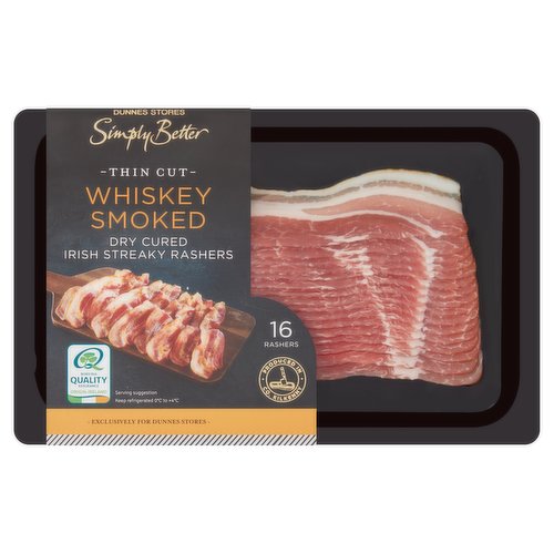 Dunnes Stores Simply Better 16 Thin Cut Whiskey Smoked Dry Cured Irish Streaky Rashers 240g