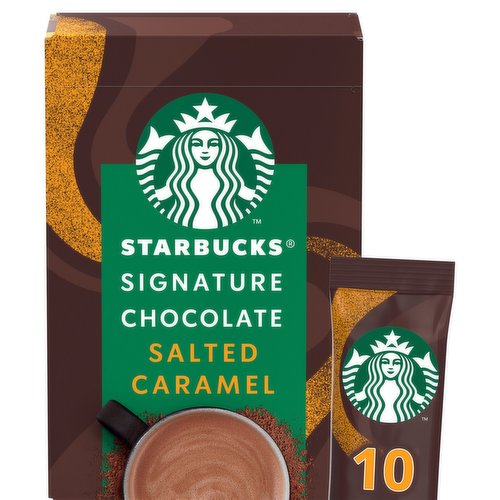 Salted caramel flavour hot chocolate powder.<br/><br/><b>Further Description</b><br/>Meet our STARBUCKS Signature Chocolate Salted Caramel hot chocolate, a carefully crafted, high quality hot chocolate for you to prepare at home. Inspired by the STARBUCKS Hot Chocolate you love in our coffee shops, simply stir with warm milk, sit back, and enjoy.<br/>
<br/>
If you love our STARBUCKS Signature Chocolate Salted Caramel hot chocolate, then why not try our STARBUCKS Signature Chocolate 42% hot chocolate. Cocoon yourself into a world of deliciousness as you savour the velvety and smooth chocolate taste. A chocolatey cup to warm up an afternoon or evening.<br/><br/><b>Features</b><br/>STARBUCKS Signature Chocolate Salted Caramel, caramelly notes with a hint of salt<br/>Inspired by the STARBUCKS Hot Chocolate you enjoy in STARBUCKS coffee shops<br/>Crafted with STARBUCKS Signature Chocolate, and a delicious salted caramel flavour<br/>10 serving sticks per box<br/>Enjoy your STARBUCKS favourites at home<br/>Committed to 100% sustainably sourced cocoa, certified by the Rainforest Alliance<br/><br/><b>Lifestyle</b><br/>Suitable for Vegans<br/>Suitable for Vegetarians<br/><br/><b>Pack Size</b><br/>20g ℮<br/><br/><b>Usage Other Text</b><br/>Makes 10 mugs<br/><br/><b>Usage Count</b><br/>Number of uses - Servings - 10<br/><br/><b>Recycling Info</b><br/>Box - Recycle<br/><br/><br/><b>Ingredients</b><br/>Chocolate Powder 98% (Sugar, Cocoa¹ Powder 42%)<br/>Emulsifier: <span style='font-weight: bold;'>SOYA</span> Lecithin<br/>Natural Flavouring<br/>Salt<br/>¹Rainforest Alliance Certified<br/><br/><b>Number of Units</b><br/>10<br/><br/><b>Storage Type</b><br/>Ambient<br/><br/><b>Storage</b><br/>For Best Before End: see base. Store in a cool, dry place.<br/><br/><b>Preparation and Usage</b><br/>Preparation:<br/>
1. Add 200ml of warm semi skimmed milk per cup.<br/>
2. Add one stick of STARBUCKS Signature Chocolate Salted Caramel.<br/>
3. Stir well, sit back and enjoy your homemade hot chocolate.<br/><br/><b>Company Name</b><br/>Nestlé UK & Ireland<br/><br/><b>Company Address</b><br/>Nestlé UK,<br/>
PO Box 207,<br/>
York,<br/>
YO91 1XY,<br/>
UK.<br/>
<br/>
Nestlé Ireland,<br/>
3030 Lake Drive,<br/>
Citywest Business Campus,<br/>
Dublin 24,<br/>
Ireland.<br/><br/><b>Telephone Helpline</b><br/>0800 58 57 59 (UK)<br/>00800 6378 5385 (ROI)<br/><br/><b>Web Address</b><br/>www.starbucksathome.com/gb/<br/><br/><b>Return To</b><br/>Contact Us Free:<br/>
0800 58 57 59 (UK)<br/>
00800 6378 5385 (ROI)<br/>
Nestlé UK,<br/>
PO Box 207,<br/>
York,<br/>
YO91 1XY,<br/>
UK.<br/>
<br/>
Nestlé Ireland,<br/>
3030 Lake Drive,<br/>
Citywest Business Campus,<br/>
Dublin 24,<br/>
Ireland.<br/>
www.starbucksathome.com/gb/<br/>