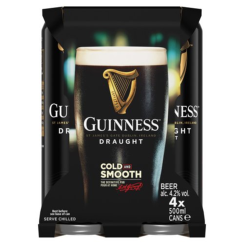 <b>Features</b><br/>Famous for its smooth velvety texture and unique surge and settle. This is our greatest innovation. Truly unique. Perfectly balanced. Made of More. Please drink responsibly. Over 18's only. For the Facts visit Drinkaware.ie or drinkware.co.uk<br/><br/><b>Pack Size</b><br/>0.500L ℮<br/><br/><b>General Alcohol Data</b><br/>Alcohol By Volume - 4<br/>Tasting Notes - Break through the smooth, creamy head to reveal the bittersweet reward. Unmistakable, from the first velvet sip to the last, lingering drop, and every deep, dark, satisfying mouthful in between<br/>Units - 4.00<br/><br/><b>Number of Units</b><br/>4<br/><br/><b>Storage Type</b><br/>Ambient<br/><br/>Country of Origin - Ireland<br/><br/><b>Origin</b><br/>IE<br/><br/><b>Company Name</b><br/>Diageo<br/><br/><b>Company Address</b><br/>Guinness & Co. St James' Gate, Dublin 8, Ireland<br/><br/><b>Web Address</b><br/>www.diageo.com<br/><br/><b>Return To</b><br/>Guinness & Co. St James' Gate, Dublin 8, Ireland<br/><br/>