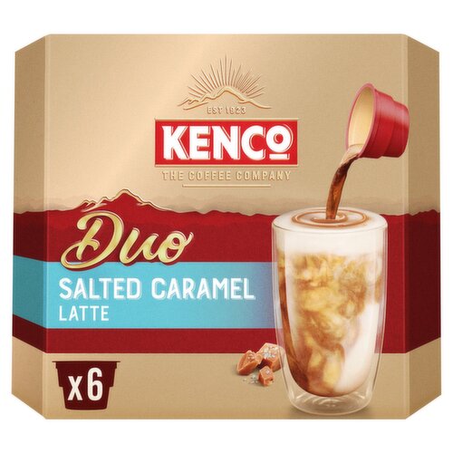 Instant coffee beverage<br/><br/><b>Further Description</b><br/>To Discover More of Kenco Duo Visit WWW.KENCO.CO.UK<br/><br/><b>Nutritional Claims</b><br/>Low Fat<br/><br/><b>Features</b><br/>Delicious salted caramel latte<br/>Creamy Froth & Rich Espresso<br/>Low Fat<br/>Suitable for vegetarians<br/><br/><b>Lifestyle</b><br/>Low Fat<br/>Suitable for Vegetarians<br/><br/><b>Pack Size</b><br/>17.3g ℮<br/><br/><b>Usage Other Text</b><br/>6 pot / pack<br/><br/><b>Usage Count</b><br/>Number of uses - Servings - 6<br/><br/><b>Recycling Info</b><br/>Box - Recycle<br/>Lid - Recycle<br/>Pot - Recycle<br/><br/><br/><b>Ingredients</b><br/>Skimmed <span style='font-weight: bold;'>Milk</span> Powder (42%)<br/>Sugar<br/>Fully Hydrogenated Coconut Oil<br/>Instant Coffee (10%)<br/>Glucose Syrup<br/>Maltodextrin<br/>Flavourings<br/><span style='font-weight: bold;'>Milk</span> Protein<br/>Stabilisers (E340, E452)<br/>Salt<br/>Modified Starch<br/>Anticaking Agent (E551)<br/>Emulsifier (E481)<br/><br/><b>Number of Units</b><br/>6<br/><br/><b>Safety Warning</b><br/>KEEP POT AWAY FROM CHILDREN<br/><br/><b>Storage Type</b><br/>Ambient<br/><br/><b>Storage</b><br/>Store in a cool, dry place.<br/>
For best before date see bottom of pack.<br/><br/><b>Preparation and Usage</b><br/>Serving Suggestion**<br/>
**Syrup and salted caramel pieces not included<br/>
<br/>
1 Peel the top lid and pour the milk powder into the mug.<br/>
2 Peel the second lid, keep pot on the table and add hot water to make the espresso.<br/>
Fill to the ridge<br/>
3 Add 170ml water into the mug and stir to make the milk.<br/>
4 Hold the pot from the rim and pour the espresso shot into the mug.<br/><br/><b>Company Name</b><br/>Jacobs Douwe Egberts GB Ltd<br/><br/><b>Company Address</b><br/>Hurley,<br/>
UK,<br/>
SL6 6RJ.<br/>
<br/>
Freepost RSTU-ZHXL-EJKL,<br/>
Horizon,<br/>
Honey Lane,<br/>
Maidenhead,<br/>
SL6 6RJ.<br/>
<br/>
2nd Floor,<br/>
Block F1,<br/>
Eastpoint Business Park,<br/>
Dublin 3,<br/>
Ireland.<br/><br/><b>Telephone Helpline</b><br/>UK: 0808 100 8787<br/>IRL: 1800 207 275<br/><br/><b>Return To</b><br/>Jacobs Douwe Egberts GB Ltd,<br/>
Hurley,<br/>
UK,<br/>
SL6 6RJ.<br/>
<br/>
UK: Consumer Response,<br/>
Freepost RSTU-ZHXL-EJKL,<br/>
Horizon,<br/>
Honey Lane,<br/>
Maidenhead,<br/>
SL6 6RJ.<br/>
Freephone: 0808 100 8787<br/>
<br/>
Ireland: 2nd Floor,<br/>
Block F1,<br/>
Eastpoint Business Park,<br/>
Dublin 3,<br/>
Ireland.<br/>
Freephone: 1800 207 275<br/>