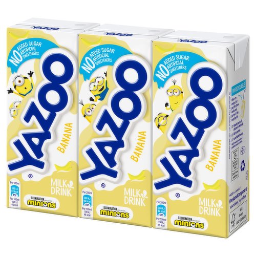 Banana lactose reduced milk drink (UHT)<br/><br/><b>Further Description</b><br/>Yazoo meets government guidelines for use in schools.<br/><br/><b>Nutritional Claims</b><br/>No Added Sugar<br/>Natural source of calcium & vitamin B2<br/>Rich in protein<br/><br/><b>Features</b><br/>No Added Sugar<br/>Natural source of calcium & vitamin B2<br/>Rich in protein<br/>Contains naturally occurring sugars<br/>No Artificial Sweeteners<br/>No artificial flavours<br/>Suitable for vegetarians<br/><br/><b>Lifestyle</b><br/>No Added Sugar<br/>Suitable for Vegetarians<br/><br/><b>Pack Size</b><br/>200ml ℮<br/><br/><b>Usage Other Text</b><br/>This pack contains 1 serving<br/><br/><b>Usage Count</b><br/>Number of uses - Servings - 1<br/><br/><br/><b>Ingredients</b><br/>Lactose Reduced Semi Skimmed <span style='font-weight: bold;'>MILK</span><br/>Lactose Reduced Skimmed <span style='font-weight: bold;'>MILK</span><br/>Banana Juice from Concentrate (1%)<br/>Natural Flavouring<br/>Stabiliser: Gellan Gum<br/>Colour: Carotene<br/><br/><b>Number of Units</b><br/>3<br/><br/><b>Storage Type</b><br/>Ambient<br/><br/><b>Storage</b><br/>Best before: See top of pack.<br/>
Once opened, treat as fresh milk and keep upright.<br/><br/><b>Preparation and Usage</b><br/>Shake well before use.<br/>
Best served chilled.<br/><br/><b>Company Address</b><br/>Horsham,<br/>
RH12 1JF.<br/><br/><b>Return To</b><br/>Horsham,<br/>
RH12 1JF.<br/>