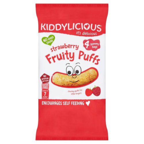4 bags of deliciously light, strawberry corn puff snacks<br/><br/><b>Nutritional Claims</b><br/>No added salt<br/>No added sugar<br/><br/><b>Features</b><br/>Chunky puffs for little fingers<br/>Encourages self feeding<br/>No gluten, milk, nuts or egg<br/>No added sugar or salt<br/>No added preservatives<br/>No artificial flavours or colours<br/>Suitable for 7 months+ to grown ups<br/>Suitable for coeliacs, lactose intolerant, vegetarians<br/><br/><b>Lifestyle</b><br/>No Added Salt<br/>No Added Sugar<br/>Suitable for Coeliacs<br/>Suitable for Sufferers of Lactose Intolerance<br/>Suitable for Vegetarians<br/><br/><b>Pack Size</b><br/>10g ℮<br/><br/><br/><b>Ingredients</b><br/>Corn Flour (75%)<br/>Fruit Powders (Strawberry (10%), Banana (4%))<br/>Sunflower Oil<br/>Natural Strawberry Flavouring<br/>Thiamin (Vitamin B1)<br/><br/><b>Lower Age Limit</b><br/>Advisory - Months - 7<br/><br/><b>Number of Units</b><br/>4<br/><br/><b>Safety Warning</b><br/>KIDDY CARE: Kiddylicious Fruit Puffs are specifically developed for children over 7 months. Always supervise young children whilst they're enjoying them.<br/><br/><b>Storage Type</b><br/>Ambient<br/><br/><b>Storage</b><br/>Store in a cool, dry place.<br/><br/>Country of Origin - Produce of the EU<br/><br/><b>Origin</b><br/>Kiddylicious Fruity Puffs are lovingly made in the EU<br/><br/><b>Company Name</b><br/>The Kids Food Company Ltd.<br/><br/><b>Company Address</b><br/>Kiddy HQ,<br/>
152 Station Road,<br/>
Amersham,<br/>
HP6 5DW,<br/>
UK.<br/><br/><b>Web Address</b><br/>kiddylicious.com<br/><br/><b>Return To</b><br/>The Kids Food Company Ltd.,<br/>
Kiddy HQ,<br/>
152 Station Road,<br/>
Amersham,<br/>
HP6 5DW,<br/>
UK.<br/>
kiddylicious.com<br/>