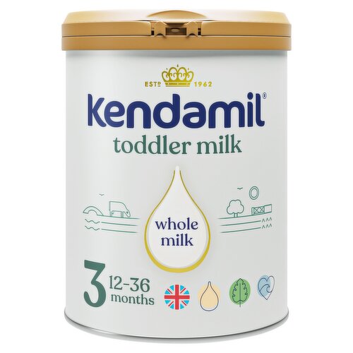 <b>Further Description</b><br/>Made in the English Lake District World Heritage Site<br/><br/><b>Features</b><br/>Made with whole milk fats<br/>Made with love in the lake district<br/>Whole Milk<br/>No Palm Oil<br/>Plant-Based DHA<br/>Contains GOS<br/>Plant-Based DHA Omega 3<br/>Locally crafted in Britain<br/>Proudly the Only British-Made Baby Milk<br/>Suitable for Vegetarians<br/>Vegetarian Society Approved<br/>Halal Food Authority - HFA Approved<br/>Kosher - KLBD-D<br/><br/><b>Lifestyle</b><br/>Halal<br/>Kosher<br/>Suitable for Vegetarians<br/><br/><b>Pack Size</b><br/>800g ℮<br/><br/><b>Recycling Info</b><br/>Can - Recyclable<br/>Foil - Recyclable<br/>Lid - Recyclable<br/><br/><br/><b>Ingredients</b><br/>Whole <span style='font-weight: bold;'>Milk</span>‡ (223g Liquid <span style='font-weight: bold;'>Milk</span> per 100g)<br/>Lactose (from <span style='font-weight: bold;'>Milk</span>)<br/>Skimmed <span style='font-weight: bold;'>Milk</span> Powder<br/>Vegetable Oils (Sunflower, Coconut, Rapeseed)<br/>Galacto-Oligosaccharides (from <span style='font-weight: bold;'>Milk</span>)<br/>Calcium Phosphate<br/>Calcium Lactate<br/>LCP Oils (Oil from Mortierella Alpina, Oil from the Microalgae Schizochytrium sp.)<br/>Sodium Ascorbate<br/>Calcium Citrate<br/>Iron Pyrophosphate<br/>Potassium Hydroxide<br/>Nucleotides (Cytidine-5'-Monophosphate, Disodium Uridine-5'-Monophosphate, Adenosine-5'-Monophosphate, Disodium Inosine-5'-Monophosphate, Disodium Guanosine-5'-Monophosphate)<br/>Vitamin E<br/>Niacin<br/>Zinc Sulphate<br/>Ferric Ammonium Citrate<br/>Calcium Pantothenate<br/>Vitamin A<br/>Thiamin<br/>Vitamin B6<br/>Copper Sulphate<br/>Manganese Sulphate<br/>Folic Acid<br/>Potassium lodide<br/>Riboflavin<br/>Sodium Selenite<br/>Vitamin K<br/>Biotin<br/>Vitamin D3<br/>Vitamin B12<br/>‡Containing naturally occurring MFGM<br/><br/><b>Allergy Advice</b><br/>For allergens see ingredients in <span style='font-weight: bold;'>bold</span>.<br/><br/><br/><b>Lower Age Limit</b><br/>Advisory - Months - 12<br/><br/><b>Safety Warning</b><br/>DENTAL ADVICE: When bottle feeding, do not allow prolonged contact of milk feeds with your toddler's teeth as this increases the risk of tooth decay. Make sure your baby's teeth are cleaned each night after the last feed.<br/><br/><b>Storage Type</b><br/>Ambient<br/><br/><b>Storage and Usage Statements</b><br/>Do Not Freeze<br/><br/><b>Storage</b><br/>Store in a cool, dry place before and after opening.<br/>
For best before, see base of can. Use within 4 weeks of opening. Do not refrigerate and do not freeze.<br/><br/><b>Preparation and Usage</b><br/>Important Feeding Instructions:<br/>
Use the correct amount of levelled scoops as directed. Using too much, or too little can make your baby ill. If your feed has not been used within 2 hours, we recommend that you throw it away and start again. Do not add food products such as cows' milk to your baby's milk, and do not re-heat in a microwave.<br/>
<br/>
Preparing your toddler milk<br/>
Snap open tamper-proof clip and dispose of immediately and safely, away from children. Hold the top of the can with both hands, place both thumbs under the lip and push up to open. The scoop is held inside the lid. Open the foil seal by pulling back on the easy open tab carefully and safely, then dispose of foil.<br/>
1 Wash hands, then sterilise your feeding utensils according to manufacturer's instructions.<br/>
2 Fill kettle with 1 litre of freshly run tap water (do not use repeatedly boiled water). Boil and leave to cool for 30 minutes, so it remains at a temperature of at least 70°C. Measure the required water into a sterilised bottle.<br/>
3 Using the scoop provided, add the correct number of levelled scoops to the bottle. Use the straight edge inside the lid to level each scoop.<br/>
4 Place a sterilised teat and cap on the bottle and shake well to dissolve powder.<br/>
5 Cool to a natural body temperature by running the bottle (lid on) under cold running water. Always test the temperature of the formula on the inside of your wrist.<br/>
<br/>
Feeding guide (12-36 months)<br/>
Add 1 level scoop of Kendamil toddler milk powder to each 30ml of waterᵃ.<br/>
Water per feedᵃ: 180ml, Scoops per feedᵇ: 6<br/>
ᵃfreshly boiled and cooled; ᵇ 1 level scoop = 4.6g<br/><br/>Country of Origin - United Kingdom<br/><br/><b>Company Name</b><br/>Kendal Nutricare Ltd<br/><br/><b>Company Address</b><br/>Mint Bridge Road,<br/>
Kendal,<br/>
Cumbria,<br/>
LA9 6NL,<br/>
England.<br/>
<br/>
Unit 2017 Orchard Avenue,<br/>
Citywest Business Campus,<br/>
Dublin,<br/>
D24 AXR0,<br/>
Ireland.<br/><br/><b>Durability after Opening</b><br/>Consume Within - Weeks - 4<br/><br/><b>Telephone Helpline</b><br/>+44 1539 898 555<br/>+353 1 485 4245<br/><br/><b>Web Address</b><br/>kendamil.com<br/><br/><b>Return To</b><br/>Quality guarantee<br/>
Our product should reach you in perfect condition. If it does not, give us a call and we'll investigate it for you. Do not dispose of the pack or its contents. This guarantee does not affect your statutory rights.<br/>
Speak to our Lake District team:<br/>
+44 1539 898 555<br/>
Kendal Nutricare Ltd,<br/>
Mint Bridge Road,<br/>
Kendal,<br/>
Cumbria,<br/>
LA9 6NL,<br/>
England.<br/>
<br/>
+353 1 485 4245<br/>
EU address:<br/>
Unit 2017 Orchard Avenue,<br/>
Citywest Business Campus,<br/>
Dublin,<br/>
D24 AXR0,<br/>
Ireland.<br/>
kendamil.com<br/>