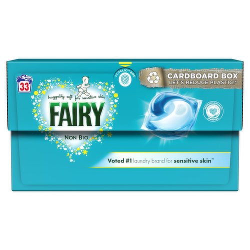 <b>Features</b><br/>Voted No.1 Laundry Brand for Sensitive Skin (Online panel of 3327 females among which Fairy Non Bio detergent was voted most often as the #1 detergent for sensitive skin)<br/>Discover the gentle care of Fairy Non Bio PODS® washing capsules, with Fairy best softness (vs other Fairy Non Bio detergents)<br/>Dermatologically accredited by the Skin Health Alliance<br/>ECOCLIC CARDBOARD BOX: Let's reduce plastic with Fairy Non Bio PODS® washing capsules now coming in a recyclable cardboard box, containing maximum 5% plastic, designed to preserve your PODS®<br/>100% WATER-SOLUBLE FILM: Laundry detergent PODS® have a 100% water-soluble film<br/>WASH COLDER WITH FAIRY Non Bio PODS®: Save up to 60% energy (washing machine energy consumption, from 60°C to 30°C, normal cycle) in every wash and reduce your laundry’s CO₂ emissions<br/>Try Fairy Sensitive Dream Team: Fairy Non Bio PODS® + Fairy Fabric Conditioner for a gentle clean and exrta softness (vs detergent alone)<br/>Gentle clean, care and huggable softness for sensitive skin<br/><br/><br/><b>Ingredients</b><br/>>30% Anionic Surfactants<br/>5-15% Soap<br/><5% Non-Ionic Surfactants<br/>Phosphonates<br/>Optical Brighteners<br/>Perfumes<br/><br/><b>Number of Units</b><br/>33<br/><br/><b>Safety Warning</b><br/>Causes serious eye damage. Harmful to aquatic life with long lasting effects. Keep out of reach of children. IF IN EYES: Rinse cautiously with water for several minutes. IF SWALLOWED: Rinse mouth. Do NOT induce vomiting. Immediately call a POISON CENTER/doctor. Please note that no effective laundry detergent can be guaranteed suitable for people with serious skin conditions. If you suffer from unusually sensitive skin, please contact your doctor for advice. Contains MEA-C10-13 Alkyl Benzenesulfonate, MEA-Laureth Sulfate, C12-14 Pareth-n. Use with dry hands. Do not pierce, break or cut. Flame Resistant Finishes: never soak or wash above 50 °C.<br/><br/><b>Storage Type</b><br/>Ambient<br/><br/><b>Preparation and Usage</b><br/>1. Place a Fairy PODS ® at the back of the empty drum. 2. Place your clothes ON TOP of the PODS ®. Store in a cool dry place.<br/><br/>Country of Origin - France<br/>Packed In - France<br/><br/><b>Telephone Helpline</b><br/>0800 028 3393<br/><br/><b>Return To</b><br/>Procter & Gamble UK, Weybridge, Surrey, KT13 0XP, UK<br/><br/>