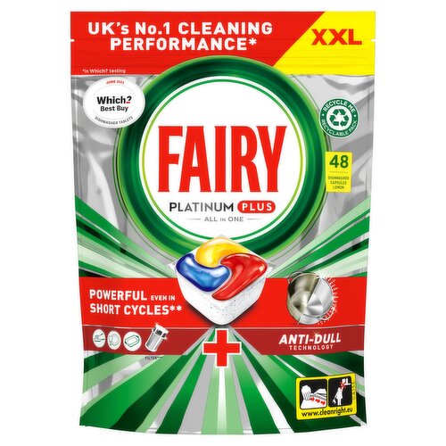 <b>Features</b><br/>Fairy's best tough food cleaning collection tablets leave your dishes clean like new<br/>Removes dullness to restore the original shine of your dishes, thanks to its Anti-dull technology<br/>Effective even in short cycles<br/>Switch to short to save time, energy, and water vs normal cycles<br/>The built-in prewash system does the pre-washing for you, helps you preserve water<br/>Recommended by global dishwasher manufacturers<br/>Built-in salt and rinse aid action, including glass and silver protection<br/>Our plant operates with 100% purchased renewable electricity<br/><br/><br/><b>Ingredients</b><br/>15-30% Oxygen-Based Bleaching Agents<br/>5-15% Non-Ionic Surfactants<br/><5% Phosphonates<br/>Polycarboxylates<br/>Enzymes<br/>Perfumes<br/><br/><b>Safety Warning</b><br/>Causes serious eye damage. Keep out of reach of children. IF IN EYES: Rinse cautiously with water for several minutes. Immediately call a POISON CENTER/doctor. Wear eye protection. IF SWALLOWED: Rinse mouth. Do NOT induce vomiting. Drink small amount of water to dilute. Contains Protease. May produce an allergic reaction. Contains Sodium Carbonate Peroxide, Trideceth-n, Disodium Disilicate.<br/><br/><b>Storage Type</b><br/>Ambient<br/><br/><b>Preparation and Usage</b><br/>Place a capsule into dispenser drawer and close immediately. Handle with dry hands only. Do not unwrap or puncture the capsule. Reseal the bag after each use. 1 capsule = 1 load For best results use the dispenser drawer. If the pouch will not fit in the drawer place on top of the cutlery basket and select a washing program with no pre-wash. The Salt Action is effective in soft, medium and hard water up to 26°e (≥ 95% of households). Your dishwasher should work effectively even if the rinse aid or salt warning light comes on. For extremely hard water above 26°e (≤ 5% of households) please use salt. Do not let silver touch stainless steel. Do not machine wash antique/handpainted china or fine lead crystal.<br/><br/>Country of Origin - Belgium<br/>Packed In - Belgium<br/><br/><b>Telephone Helpline</b><br/>0800 328 5901<br/><br/><b>Return To</b><br/>Procter & Gamble UK, Weybridge, Surrey, KT13 0XP, UK<br/><br/>