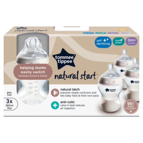 Tommee Tippee Natural Start Baby Bottles 0m+, 3 x 260ml