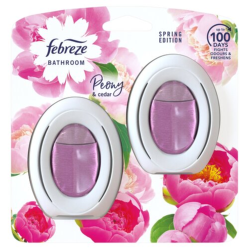 <b>Features</b><br/>Febreze Bathroom Air Freshener fights odours and leaves a light fresh scent<br/>Helps prevent odours from lingering<br/>Leaves behind a light fresh scent<br/>Long-lasting for up to 45 days<br/>Easy to use, 1 push button activation<br/>No battery or electricity needed<br/>Discreet as well as stylish<br/>Inspired by fresh pink peony flowers with a touch of green forest<br/><br/><b>Pack Size</b><br/>15Mililiters ℮<br/><br/><b>Safety Warning</b><br/>Causes skin irritation. Causes serious eye irritation. May cause an allergic skin reaction. Toxic to aquatic life with long lasting effects. Keep out of reach of children. IF ON SKIN: Wash with plenty of water. IF IN EYES: Rinse cautiously with water for several minutes. Call a POISON CENTRE/doctor if you feel unwell. Contains Linalool, Pentamethylheptenone, Linalyl Acetate, Citral, Allyl Cyclohexylpropionate, Ethyl 2,2-Dimethylhydrocinnamal, Octahydro-4,7-Methano-1H-Indenecarbaldehyde, ANETHOLE, Ethyl Methylphenylglycidate, Ethyl 3-phenylglycidate, Isoeugenol, 2,4-Dimethyl-3-Cyclohexene Carboxaldehyde, 6-Methoxy-2,6-Dimethylheptanal, Citronellol, Geraniol, Alkenes, C12-14, hydroformylation products, distn. Lights, Undecylenal, Dimethylcyclohexenyl 3-butenyl ketone, Dimethyl Heptenal, Dimethylhydroxy Furanone, 5-Methyl-2-hepten-4-one.<br/><br/><b>Storage Type</b><br/>Ambient<br/><br/>Country of Origin - Bulgaria<br/>Packed In - Bulgaria<br/><br/><b>CLP Regulation</b><br/>Corrosion - Warning<br/>Environment - Warning<br/>Exclamation Point - Warning<br/>Exploding Bomb - Warning<br/>Flame - Warning<br/>Flame Over Circle - Warning<br/>Gas Cylinder - Warning<br/>Health Hazard - Warning<br/>Skull & Crossbones - Warning<br/><br/><b>Telephone Helpline</b><br/>0800 358 0893<br/><br/><b>Return To</b><br/>Procter & Gamble UKWeybridgeSurreyKT13 0XPUnited Kingdom<br/><br/>