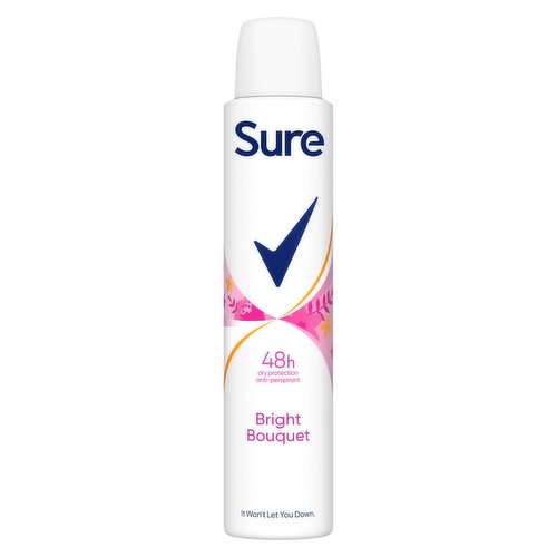 <b>Features</b><br/>Sure Bright Bouquet Anti-perspirant Deodorant Aerosol 200ml provides 48h dry protection against sweat and odour<br/>This anti-perspirant deodorant spray features our unique MotionSense technology, giving you an all-day fruity fragrance that activates as you move<br/>To keep sweat and odour at bay, shake the anti-perspirant can, then hold it 15cm away from your underarm and spray evenly in a well-ventilated area<br/>Get all-day freshness and protection from sweat and odour with this alcohol-free*, dermatologically tested anti-perspirant deodorant for women<br/>Thanks to Sure’s compressed technology, this 200ml anti-perspirant can lasts just as long as our previous 250ml can but with less packaging<br/>Sure Bright Bouquet Anti-perspirant Deodorant Aerosol allows you to always be protected and feel confident whatever happens. Sure, it won’t let you down<br/><br/><b>Pack Size</b><br/>200millilitre ℮<br/><br/><br/><b>Ingredients</b><br/>Butane, Isobutane, Propane, Aluminum Chlorohydrate, PPG-14 Butyl Ether, Cyclopentasiloxane, Parfum, Disteardimonium Hectorite, Helianthus Annuus Seed Oil, C12-15 Alkyl Benzoate, Octyldodecanol, BHT, Dimethiconol, Propylene Carbonate, Caprylic/Capric Triglyceride, Sodium Starch Octenylsuccinate, Alpha-Isomethyl Ionone, Benzyl Alcohol, Benzyl Salicylate, Citronellol, Coumarin, Limonene<br/><br/><b>Safety Warning</b><br/>Deo Aerosol AP DIRECTIONS: Shake well, hold can 15cm from the underarm and spray. CAUTION: Do not use on broken skin. Stop use if rash or irritation occurs. Avoid direct inhalation. Use in short bursts in well-ventilated places, avoid prolonged spraying. Do not spray near eyes. Use only as directed. DANGER: Extremely Flammable Aerosol. Pressurised container:  May burst if heated.  Keep away from heat, hot surfaces, sparks, open flames and other ignition sources. No smoking. Do not spray on an open flame or other ignition source. Do not pierce or burn, even after use. Protect from sunlight. Do not expose to temperatures exceeding 50°C. Keep out of reach of children..<br/><br/><b>Storage Type</b><br/>Ambient<br/><br/>Country of Origin - United Kingdom<br/><br/><b>Origin</b><br/>United Kingdom<br/><br/><b>Company Name</b><br/>Unilever UK Ltd. / Unilever Ireland Ltd.<br/><br/><b>Company Address</b><br/>Unilever Dept ER,<br/>
Wirral CH63 3JW UK<br/><br/><b>Telephone Helpline</b><br/>UK: 0800 085 2639<br/>
ROI: 1850 404 060 (Callsave)<br/><br/><b>Web Address</b><br/>www.suredeodorant.co.uk<br/><br/>