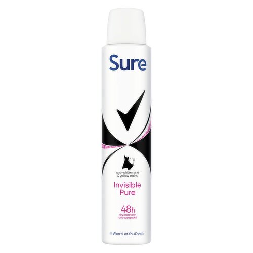 <b>Features</b><br/>Sure Invisible Pure Anti-Perspirant Deodorant Aerosol 200ml provides 48h dry protection against sweat and odour while protecting your clothes against white marks and yellow stains<br/>This anti-perspirant deodorant spray features our unique MotionSense technology, giving you an all-day fresh fragrance that activates as you move<br/>To keep sweat and odour at bay, shake the anti-perspirant can, then hold it 15cm away from your underarm and spray evenly in a well-ventilated area<br/>Get all-day freshness and protection from sweat, odour and marks with this alcohol-free*, dermatologically tested anti-perspirant deodorant for women<br/>Thanks to Sure’s compressed technology, this 200ml anti-perspirant can lasts just as long as our previous 250ml can but with less packaging<br/>Sure Invisible Pure Anti-Perspirant Deodorant Aerosol allows you to always be protected and feel confident whatever happens. Sure, it won’t let you down<br/><br/><b>Pack Size</b><br/>200millilitre ℮<br/><br/><br/><b>Ingredients</b><br/>Butane, Isobutane, Propane, Cyclopentasiloxane, PPG-14 Butyl Ether, Aluminum Chlorohydrate, Parfum, Disteardimonium Hectorite, Octyldodecanol, BHT, Propylene Carbonate, Helianthus Annuus Seed Oil, Dimethiconol, Caprylic/Capric Triglyceride, Sodium Starch Octenylsuccinate, Tocopheryl Acetate, Alpha-Isomethyl Ionone, Benzyl Alcohol, Benzyl Salicylate, Citronellol, Geraniol, Hexyl Cinnamal, Hydroxycitronellal, Limonene<br/><br/><b>Safety Warning</b><br/>Deo Aerosol AP DIRECTIONS: Shake well, hold can 15cm from the underarm and spray. CAUTION: Do not use on broken skin. Stop use if rash or irritation occurs. Avoid direct inhalation. Use in short bursts in well-ventilated places, avoid prolonged spraying. Do not spray near eyes. Use only as directed. DANGER: Extremely Flammable Aerosol. Pressurised container: May burst if heated. Keep away from heat, hot surfaces, sparks, open flames and other ignition sources. No smoking. Do not spray on an open flame or other ignition source. Do not pierce or burn, even after use. Protect from sunlight. Do not expose to temperatures exceeding 50°C. Keep out of reach of children..<br/><br/><b>Storage Type</b><br/>Ambient<br/><br/>Country of Origin - United Kingdom<br/><br/><b>Origin</b><br/>United Kingdom<br/><br/><b>Company Name</b><br/>Unilever UK Ltd. / Unilever Ireland Ltd.<br/><br/><b>Company Address</b><br/>Unilever Dept ER,<br/>
Wirral CH63 3JW UK<br/><br/><b>Telephone Helpline</b><br/>UK: 0800 085 2639<br/>
ROI: 1850 404 060 (Callsave)<br/><br/><b>Web Address</b><br/>www.suredeodorant.co.uk<br/><br/>