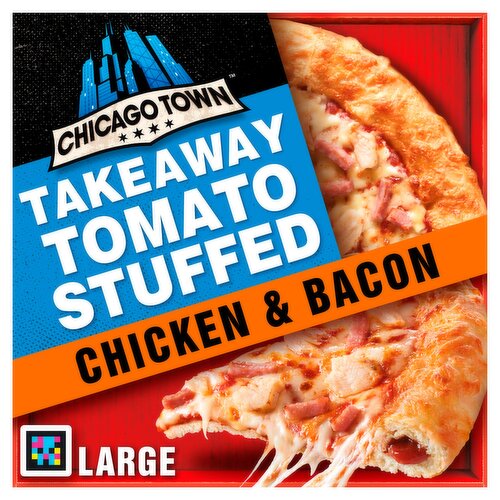Tomato sauce stuffed crust pizza base topped with tomato sauce, a blend of mozzarella and mature Cheddar cheeses, cooked roast chicken and steaky bacon.<br/><br/><b>Further Description</b><br/>Get updates direct to your inbox at chicagotown.com<br/>
<br/>
See how we go to town on it...<br/>
If you like your pizza fully loaded, get a load of this! We've take our unique rising Takeaway dough and topped with a whole load a mozzarella, mature Cheddar, chicken and bacon. And hey, it comes with our awesome squishy signature tomato sauce stuffed crust!<br/><br/><b>Features</b><br/>Raw Dough for you to Bake at Home<br/>We Make it Fresh in our Bakery<br/>But we don't Bake it, you do<br/>Fan Oven Cook in 18 Mins<br/><br/><b>Pack Size</b><br/>640g ℮<br/><br/><b>Usage Other Text</b><br/>Each pack contains one pizza, one pizza serves 4 people<br/><br/><b>Usage Count</b><br/>Number of uses - Servings - 4<br/><br/><b>Recycling Info</b><br/>Box - Recycle<br/>Wrap - Don't Recycle<br/><br/><br/><b>Ingredients</b><br/><span style='font-weight: bold;'>WHEAT</span> Flour (with Calcium, Niacin, (B3), Iron, Thiamin (B1))<br/>Tomato Puree<br/><span style='font-weight: bold;'>MOZZARELLA CHEESE</span> (10%)<br/>Water<br/>Roast Chicken Breast (6%) (Chicken Breast, Brown Sugar, Vegetable Oil (Sunflower), Corn Flour, Modified Maize Starch, Salt, Onion Powder, Garlic Powder, Flavouring, Stabilisers (Di- and Triphosphates, Dextrose), Streaky Bacon (5%) (Pork, Salt, Antioxidants (Extracts of Rosemary, Sodium Ascorbate), Stabiliser (Diphosphates), Preservatives (Sodium Nitrite))<br/>Vegetable Oils (Palm, Rapeseed)<br/>Mature <span style='font-weight: bold;'>CHEDDAR</span> (2.5%)<br/>Yeast<br/>Sugar<br/>Salt<br/>Modified Potato Starch<br/><span style='font-weight: bold;'>BARLEY</span> Malt Extract<br/>Thickener (Guar Gum)<br/>Garlic<br/>Herbs and Spices<br/>Acidity Regulator (Monocalcium Phosphate)<br/>Flour Treatment Agent (Ascorbic Acid)<br/>Flavouring<br/>Colour (Beta-Carotene)<br/><br/><b>Allergy Advice</b><br/>For allergens, including Cereals containing Gluten, see ingredients in <span style='font-weight: bold;'>BOLD</span>.<br/><br/><br/><b>Safety Warning</b><br/>WARNING CHICKEN MAY CONTAIN SMALL BONES.<br/><br/><b>Storage Type</b><br/>Frozen<br/><br/><b>Storage and Usage Statements</b><br/>Keep Frozen<br/>Keep Flat<br/><br/><b>Storage</b><br/>See Side of Pack for Best Before End.<br/>
Keep Frozen and Store Flat, Do Not Defrost.<br/>
Keep at -18°C or Cooler.<br/><br/><b>Storage Conditions</b><br/>Max Temp °C -18<br/><br/><b>Cooking Guidelines</b><br/>Oven cook - From Frozen - These are cooking guidelines only.<br/>
Keep pizza frozen until ready to cook.<br/>
Pre-heat your oven | Cook for approx<br/>
Fan Oven 180°C | 18-23 minutes<br/>
Conventional Oven 200°C/400°F | 20-25 minutes<br/>
Gas Oven Gas Mark 6 | 22-30 minutes<br/>
- Remove all packaging and place pizza onto a baking tray.<br/>
- Place on the middle shelf of a pre-heated oven.<br/>
- Rotate baking tray halfway through cooking.<br/>
- Check the pizza is hot throughout before serving and that the cheese is melted and lightly browned, with a golden crust edge.<br/>
- Let the pizza stand for 2 minutes before cutting and serving.<br/>
Caution: Topping and tomato sauce stuffed crust will be extremely hot!<br/><br/>Country of Origin - United Kingdom<br/><br/><b>Origin</b><br/>Made in the United Kingdom using pork, milk and chicken from different origins<br/><br/><b>Company Name</b><br/>Chicago Town<br/><br/><b>Company Address</b><br/>20 Marathon Place,<br/>
Leyland,<br/>
PR26 7QN.<br/>
<br/>
Unit 13,<br/>
Block E,<br/>
Calmount Park,<br/>
Ballymount,<br/>
Dublin 12,<br/>
Ireland.<br/><br/><b>Return To</b><br/>We at Chicago Town are committed to bringing you quality and satisfaction. If you are not entirely satisfied with this product, please return the prepared on date information to our Consumer Response Team at the address shown on the back of this pack. Also state the nature of your complaint and when and where you bought it. This guarantee does not affect your statutory rights.<br/>
Contact Information:<br/>
Email: @ crt@chicagotown.com<br/>
Chicago Town Customer Care,<br/>
20 Marathon Place,<br/>
Leyland,<br/>
PR26 7QN.<br/>
<br/>
Chicago Town Customer Care,<br/>
Unit 13,<br/>
Block E,<br/>
Calmount Park,<br/>
Ballymount,<br/>
Dublin 12,<br/>
Ireland.<br/>