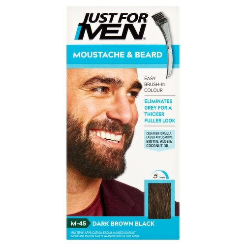 <b>Further Description</b><br/>Visit justformen.com for more information and How-To videos.<br/><br/><b>Features</b><br/>Easy Brush-In Colour<br/>Eliminates Grey for a Thicker Fuller Look<br/>Creamier Formula Easier Application Biotin, Aloe & Coconut Oil<br/>Multiple Application Facial Haircolour Kit<br/>World's Leader in Men's Haircolour<br/><br/><br/><b>Ingredients</b><br/>Colour Base: Aqua, Aminomethyl Propanol, p-Phenylenediamine, Resorcinol, Carbomer, Cetearyl Alcohol, Parfum, m-Aminophenol, Sodium Sulfite, Erythorbic Acid, Caramel, Biotin, Coco-Glucoside, Colloidal Oatmeal, Aloe Barbadensis Leaf Extract, N,N-Bis(2-Hydroxyethyl)-p-Phenylenediamine Sulfate, p-Aminophenol, Cetearyl Glucoside, Cocos Nucifera (Coconut) Oil, Dicetyl Phosphate, Ceteth-10 Phosphate, Etidronic Acid, 2-Amino-4-Hydroxyethylaminoanisole Sulfate, Maltodextrin (RD-005286)<br/>Colour Developer: Aqua, Cetyl Alcohol, Hydrogen Peroxide, Glyceryl Stearate, PEG-100 Stearate, Steareth-2 Laureth-23, Aloe Barbadensis Leaf Extract, Colloidal Oatmeal, Etidronic Acid, Maltodextrin (RD-005111)<br/><br/><b>Lower Age Limit</b><br/>Advisory - Years - 16<br/><br/><b>Safety Warning</b><br/>SAFETY WARNINGS<br/>
If you have ever experienced any allergic reaction following the use of a hair colouring product, do not use this or any other hair colouring product.<br/>
<br/>
HAIR COLOURANTS CAN CAUSE SEVERE ALLERGIC REACTIONS. READ AND FOLLOW INSTRUCTIONS. THIS PRODUCT IS NOT INTENDED FOR USE ON PERSONS UNDER THE AGE OF 16. TEMPORARY "BLACK HENNA" TATTOOS MAY INCREASE YOUR RISK OF ALLERGY. BEFORE USING THIS PRODUCT, YOU MUST PERFORM A PRELIMINARY 48-HOUR SKIN ALLERGY TEST ACCORDING TO THE ENCLOSED LEAFLET.<br/>
<br/>
DO NOT COLOUR YOUR HAIR IF:<br/>
- You have a rash on your face or sensitive, irritated or damaged scalp.<br/>
- You have ever experienced a reaction after colouring your hair.<br/>
- You have experienced a reaction to a temporary "black henna" tattoo in the past.<br/>
<br/>
AVOID CONTACT WITH EYES. RINSE IMMEDIATELY IF PRODUCT COMES INTO CONTACT WITH EYES. DO NOT USE TO DYE EYELASHES OR EYEBROWS. WEAR GLOVES PROVIDED. READ AND FOLLOW INSTRUCTIONS ON ENCLOSED LEAFLET. CONTAINS HYDROGEN PEROXIDE, RESORCINOL AND PHENYLENEDIAMINES.<br/>
<br/>
In rare cases, use of hair colour has been associated with skin depigmentation (white patches, loss of skin colour or a condition called vitiligo), which may be temporary or permanent. IF YOU NOTICE ANY SKIN DEPIGMENTATION, DISCONTINUE USE IMMEDIATELY. Do not use hair colour products at all if you have skin depigmentation problems or if you have a family history of skin depigmentation problems.<br/>
<br/>
REMEMBER TO PERFORM THE SKIN ALLERGY TEST 48 HOURS BEFORE EACH USE, EVEN IF YOU HAVE PREVIOUSLY USED THIS OR OTHER HAIR COLOURING PRODUCTS. FOR THIS REASON BUY THIS PRODUCT TWO DAYS BEFORE YOU INTEND TO USE IT.<br/>
<br/>
CAUTION: THIS PRODUCT CONTAINS INGREDIENTS WHICH MAY CAUSE SKIN IRRITATION ON CERTAIN INDIVIDUALS AND A PRELIMINARY 48-HOUR SKIN ALLERGY TEST ACCORDING TO ENCLOSED LEAFLET SHOULD BE DONE FIRST. THIS PRODUCT MUST NOT BE USED FOR DYEING THE EYELASHES OR EYEBROWS - TO DO SO MAY CAUSE BLINDNESS.<br/>
<br/>
KEEP OUT OF REACH OF CHILDREN.<br/><br/><b>Storage Type</b><br/>Ambient<br/><br/><b>Preparation and Usage</b><br/>Brush In, 5 Minutes, Shampoo Out<br/>
Always Remember to Do the 48-Hour Skin Allergy Test Before Use.<br/>
<br/>
Shade Selection Tip<br/>
If you can't decide between 2 shades, or you have a little grey, go with the lighter shade for the most natural look.<br/>
<br/>
Directions for Use:<br/>
Read and Follow Directions on Enclosed Leaflet.<br/>
<br/>
The Mixing Ratio is 1:1.<br/><br/>Country of Origin - United States<br/><br/><b>Origin</b><br/>Made in U.S.A. of U.S. and imported components<br/><br/><b>Company Name</b><br/>Combe International Limited<br/><br/><b>Company Address</b><br/>Leatherhead,<br/>
Surrey,<br/>
KT22 9RX,<br/>
UK.<br/><br/><b>Durability after Opening</b><br/>Months - 3<br/><br/><b>Web Address</b><br/>justformen.com<br/><br/><b>Return To</b><br/>Combe International Limited,<br/>
Leatherhead,<br/>
Surrey,<br/>
KT22 9RX,<br/>
UK.<br/>
Comments, Concerns or Questions?<br/>
Visit justformen.com<br/><br/>